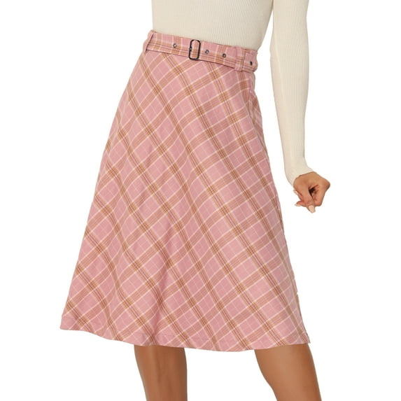 DARING DIVA Women's Plaid Belted Vintage A-Line Midi Skirt XS Light Pink