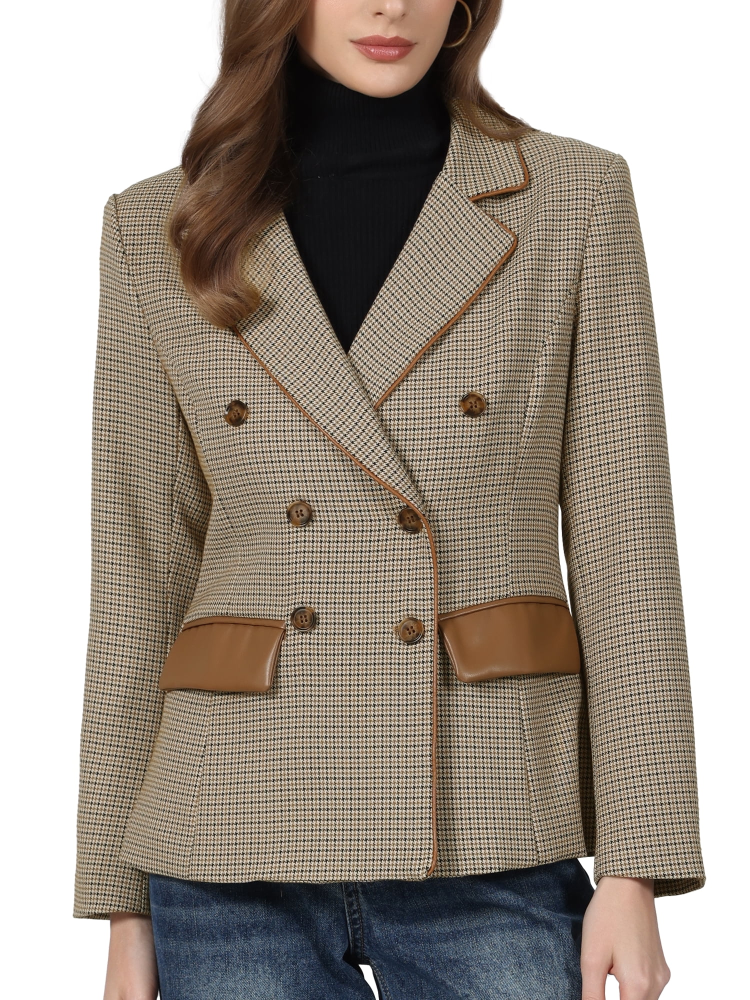 DARING DIVA Women's Plaid Blazer Houndstooth Double Breasted Jacket 2XL Light Brown