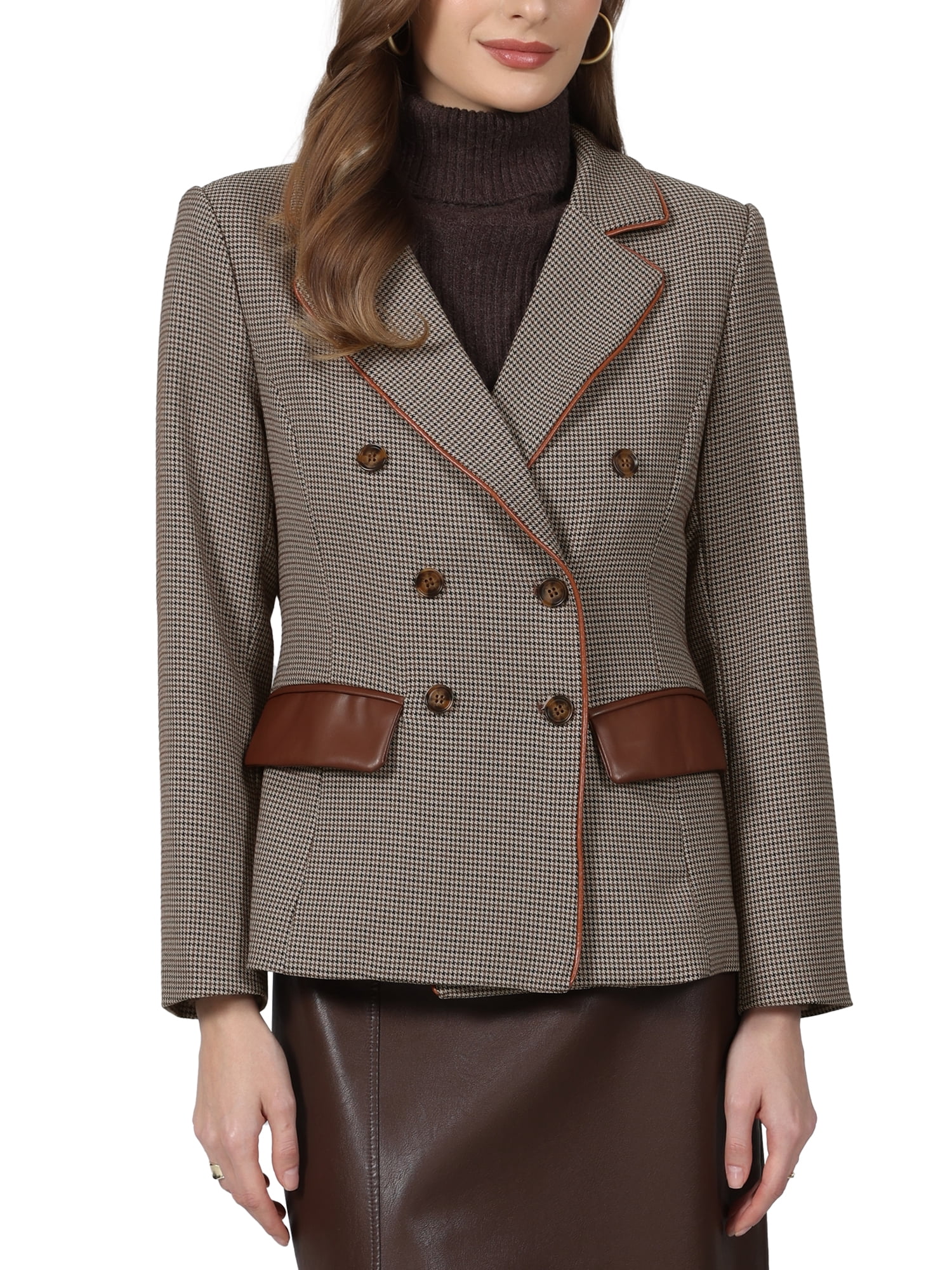 DARING DIVA Women's Plaid Blazer Houndstooth Double Breasted Jacket M Grey Brown