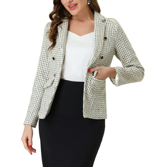 DARING DIVA Women's Plaid Blazer Notch Lapel Tweed Jacket M Beige