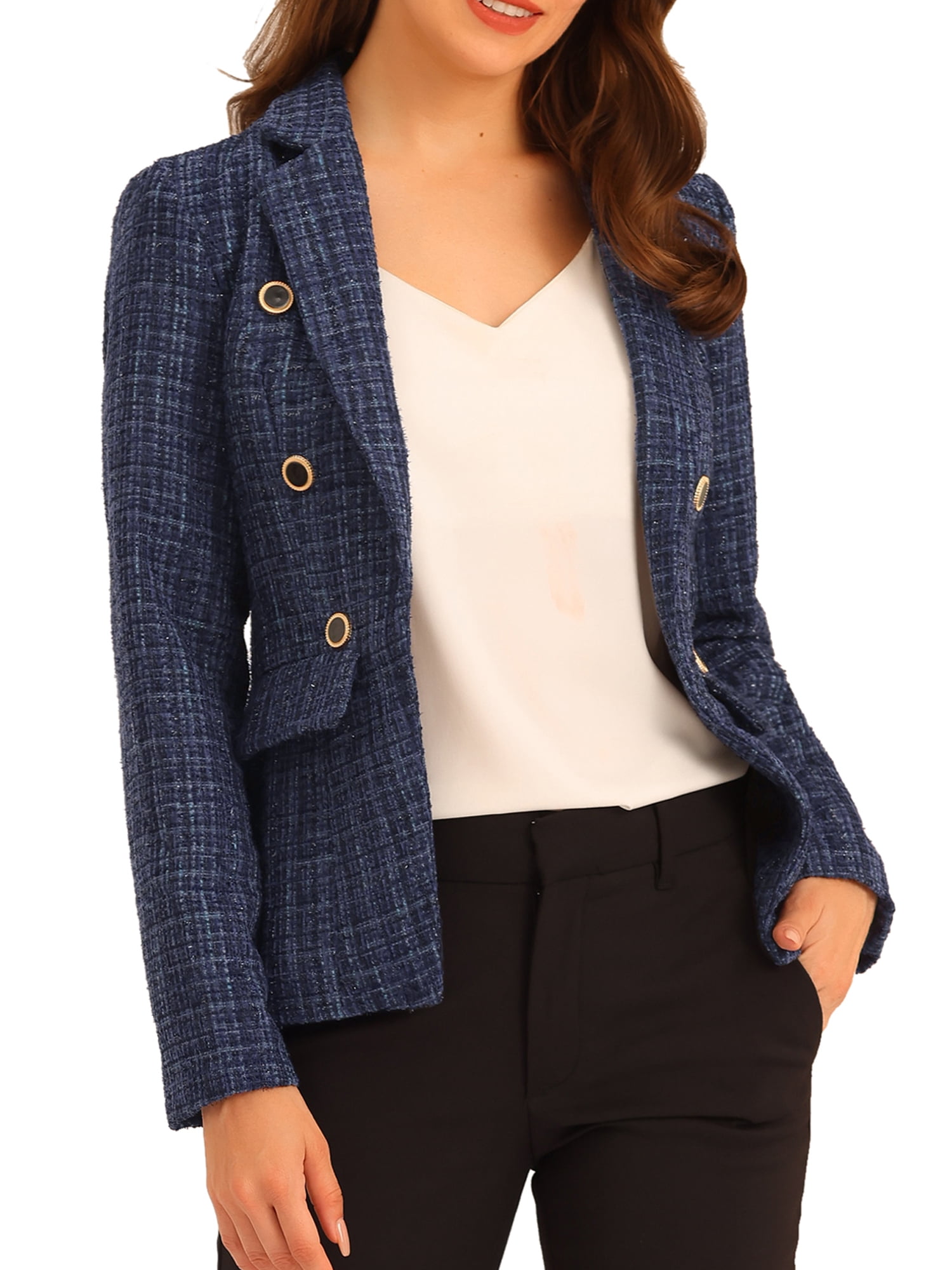 DARING DIVA Women's Plaid Blazer Notch Lapel Tweed Jacket XL Dark Blue