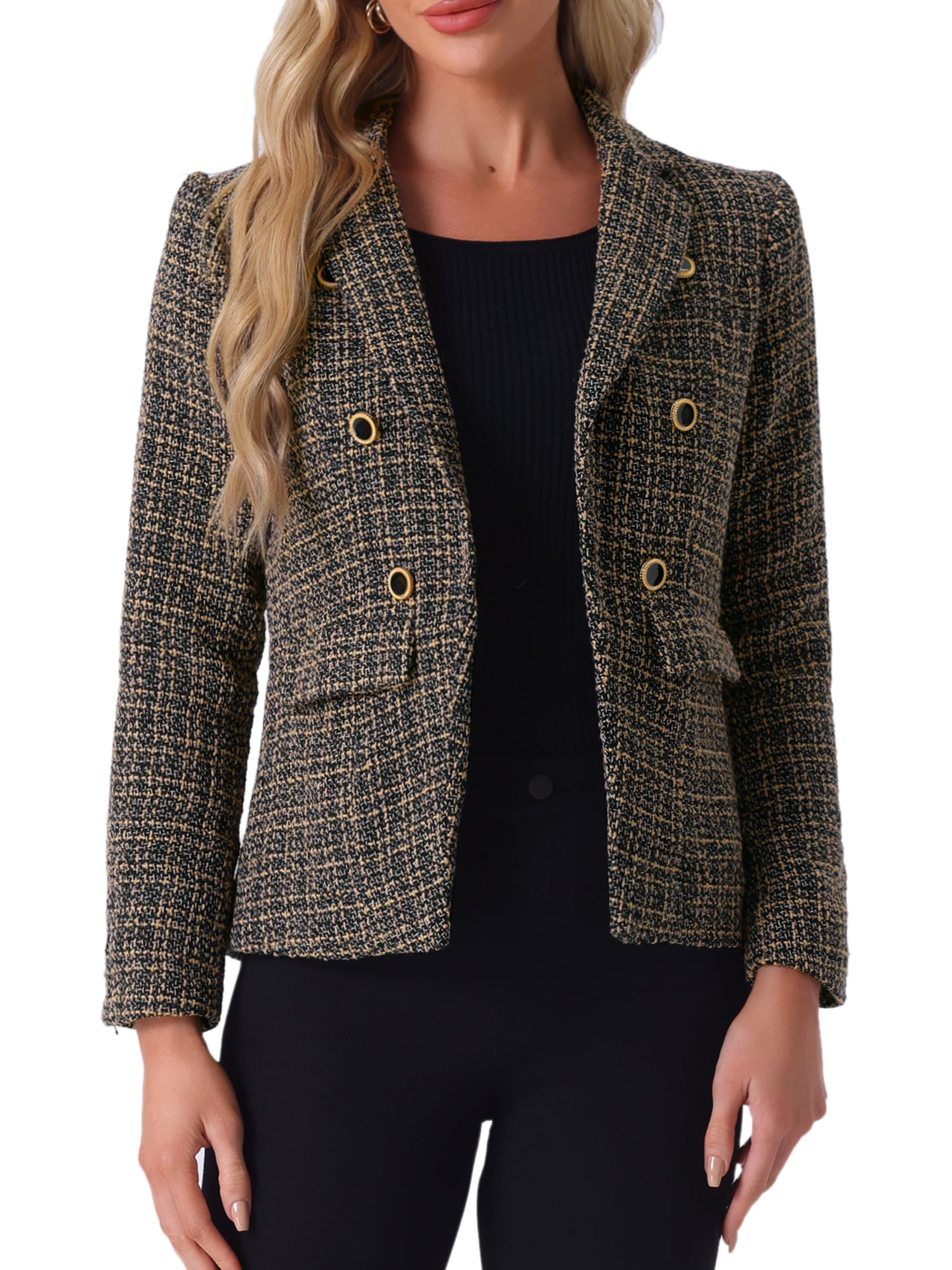 DARING DIVA Women's Plaid Blazer Notch Lapel Tweed Jacket XS Brown