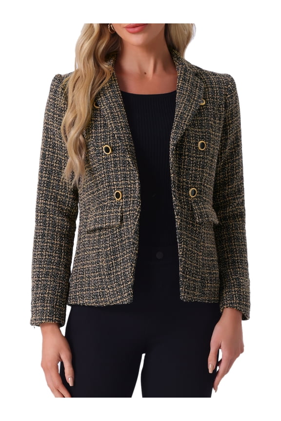 Women's Plaid Blazer Notch Lapel Tweed Jacket XS Brown