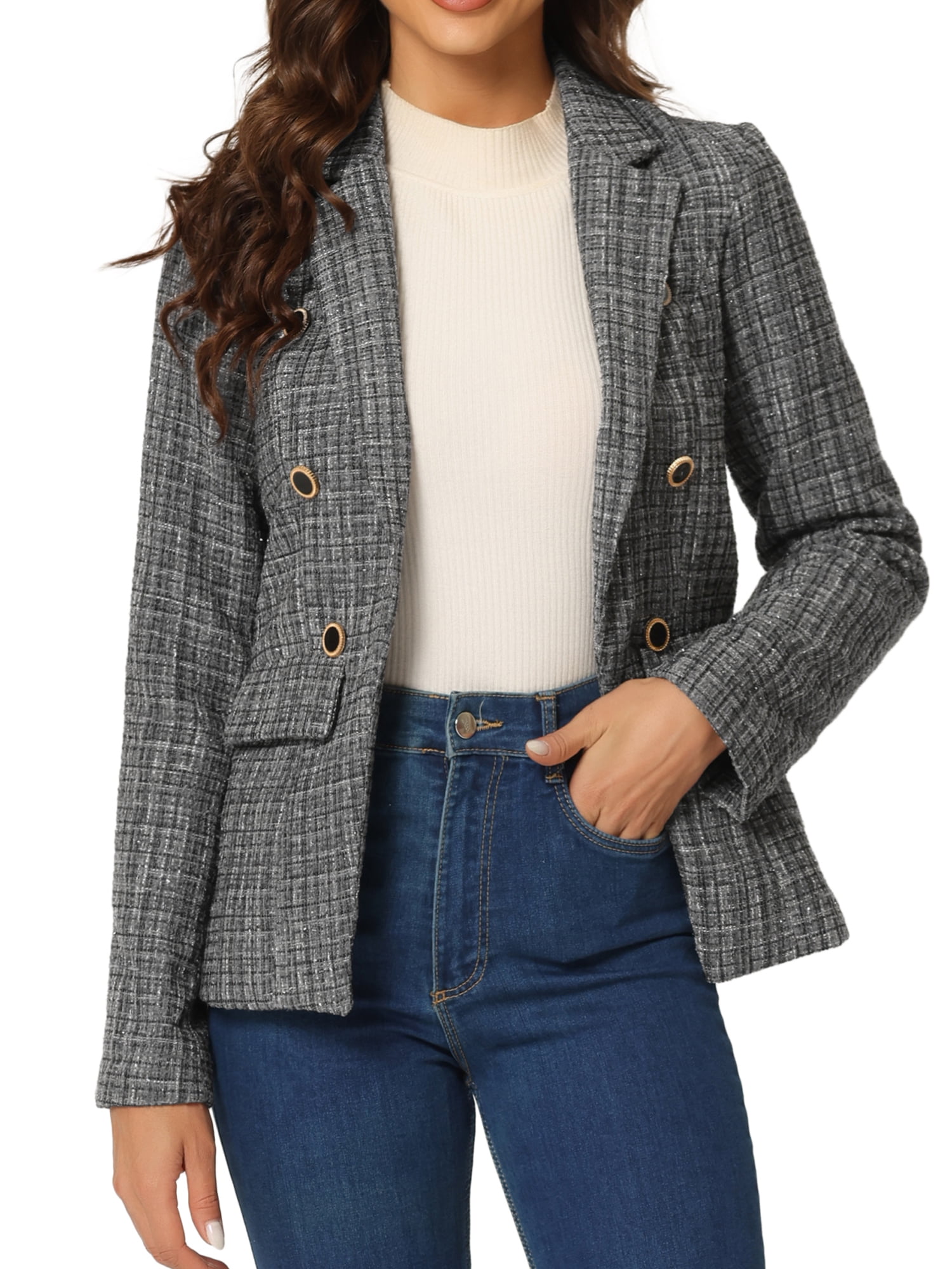 DARING DIVA Women's Plaid Blazer Notch Lapel Tweed Jacket XS Gray