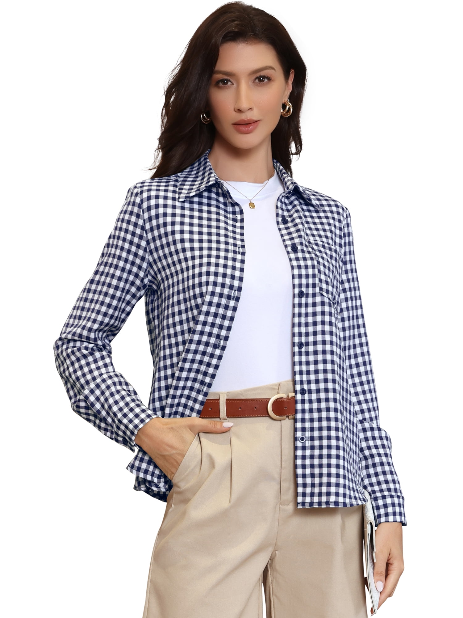 DARING DIVA Women's Plaid Button Down Long Sleeve Collared Gingham Work Blouse L Blue