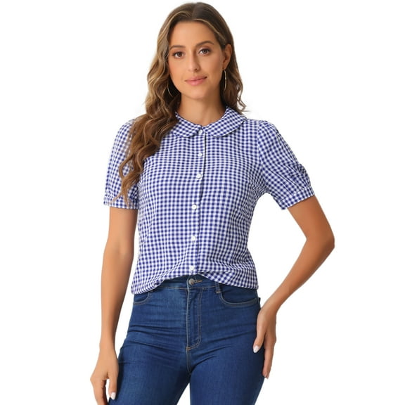 DARING DIVA Women's Plaid Button Down Puff Peter Pan Collar Shirt L Blue
