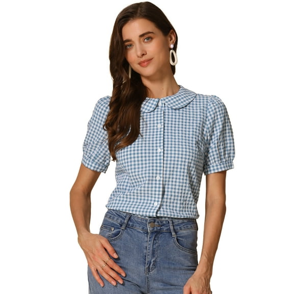 DARING DIVA Women's Plaid Button Down Puff Peter Pan Collar Shirt L Lake Blue