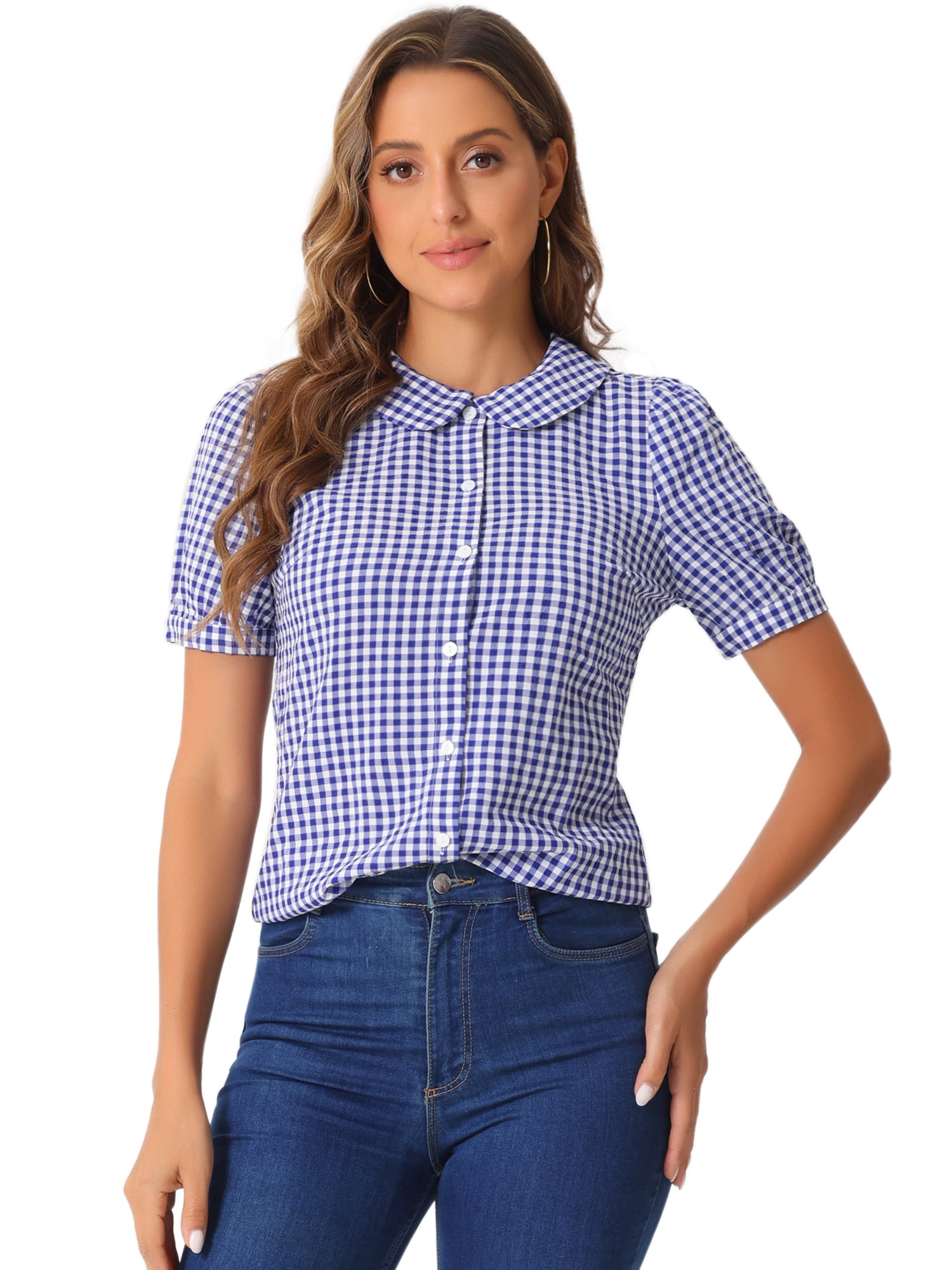 DARING DIVA Women's Plaid Button Down Puff Peter Pan Collar Shirt M Blue