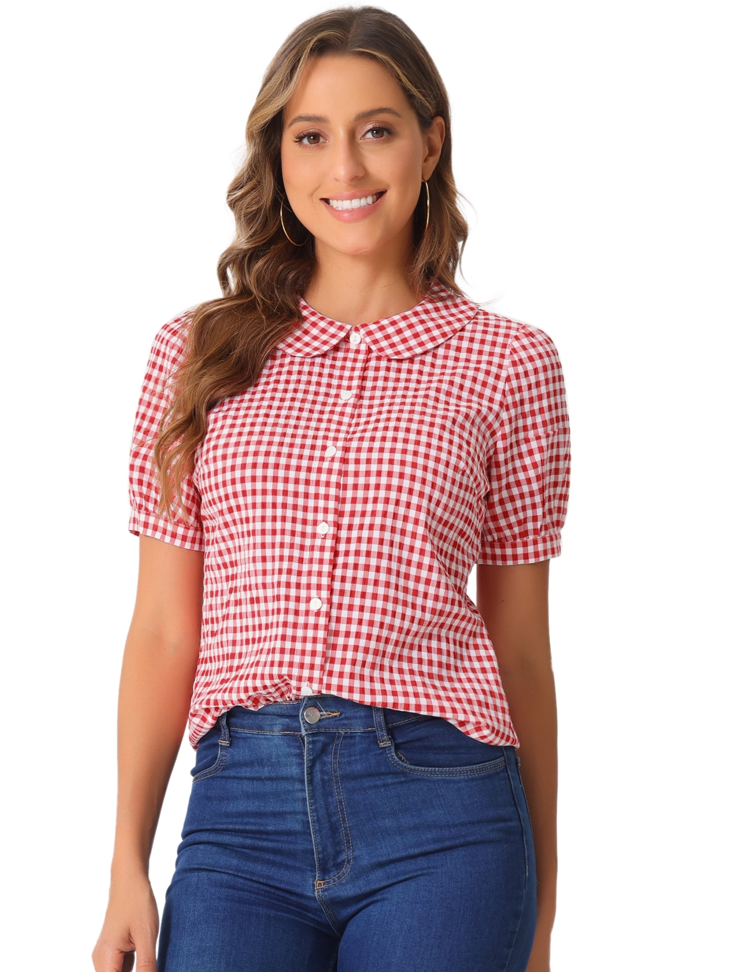 DARING DIVA Women's Plaid Button Down Puff Peter Pan Collar Shirt S Red