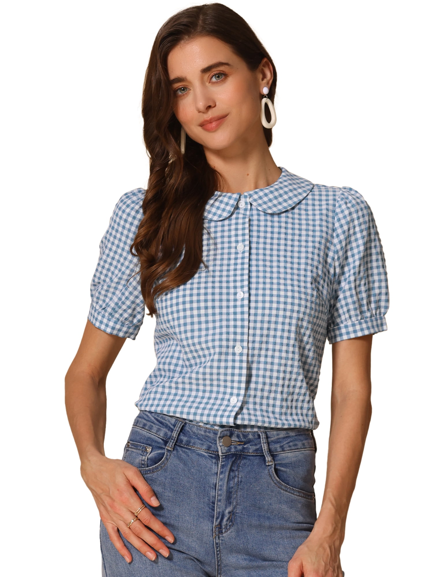 DARING DIVA Women's Plaid Button Down Puff Peter Pan Collar Shirt XL Lake Blue