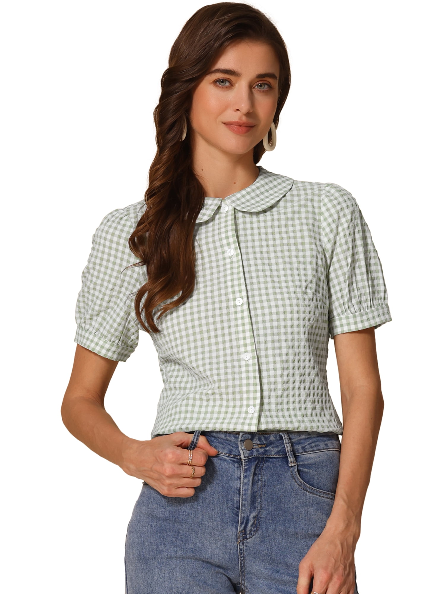 DARING DIVA Women's Plaid Button Down Puff Peter Pan Collar Shirt XL Light Green