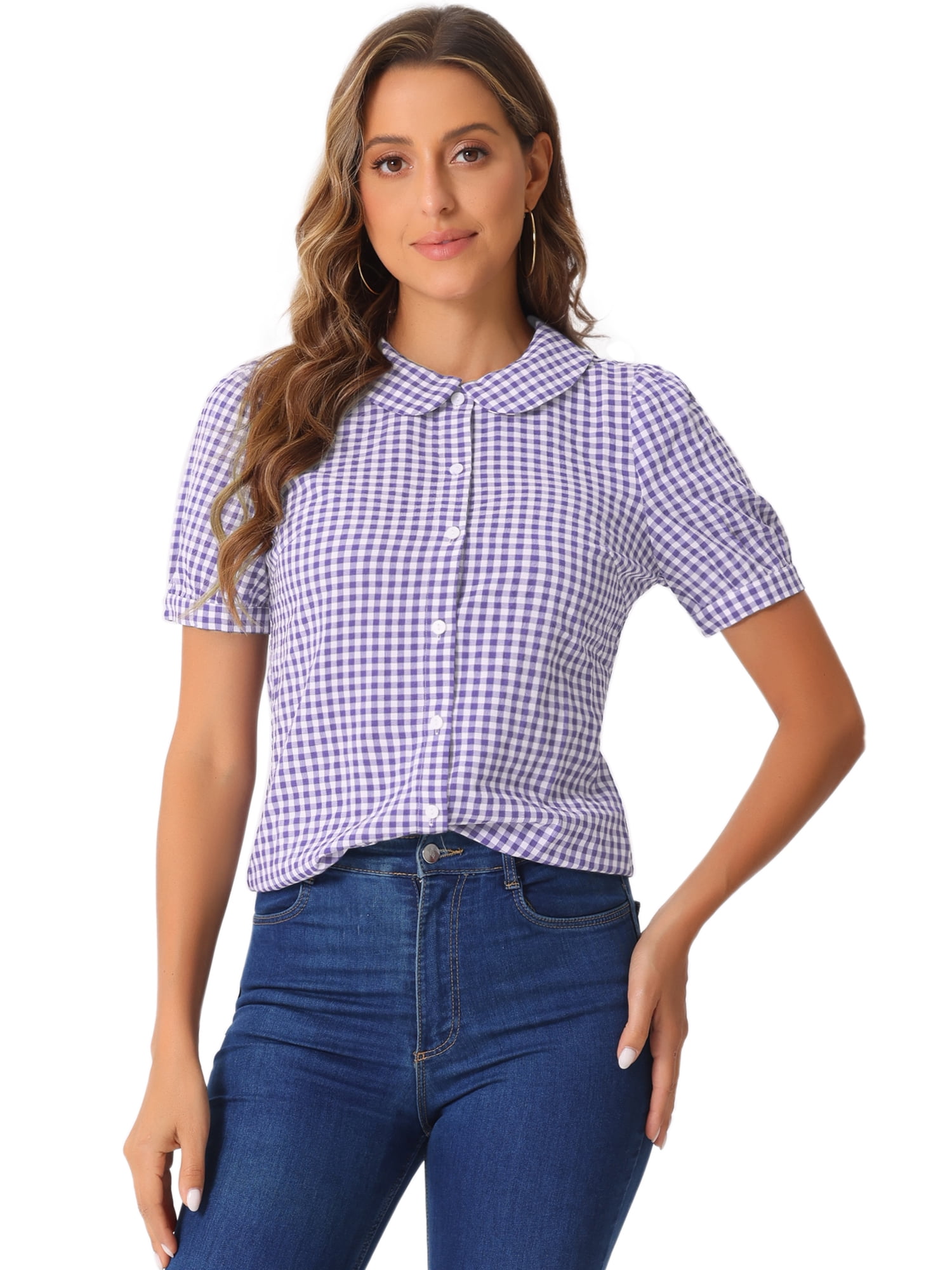 DARING DIVA Women's Plaid Button Down Puff Peter Pan Collar Shirt XL Purple
