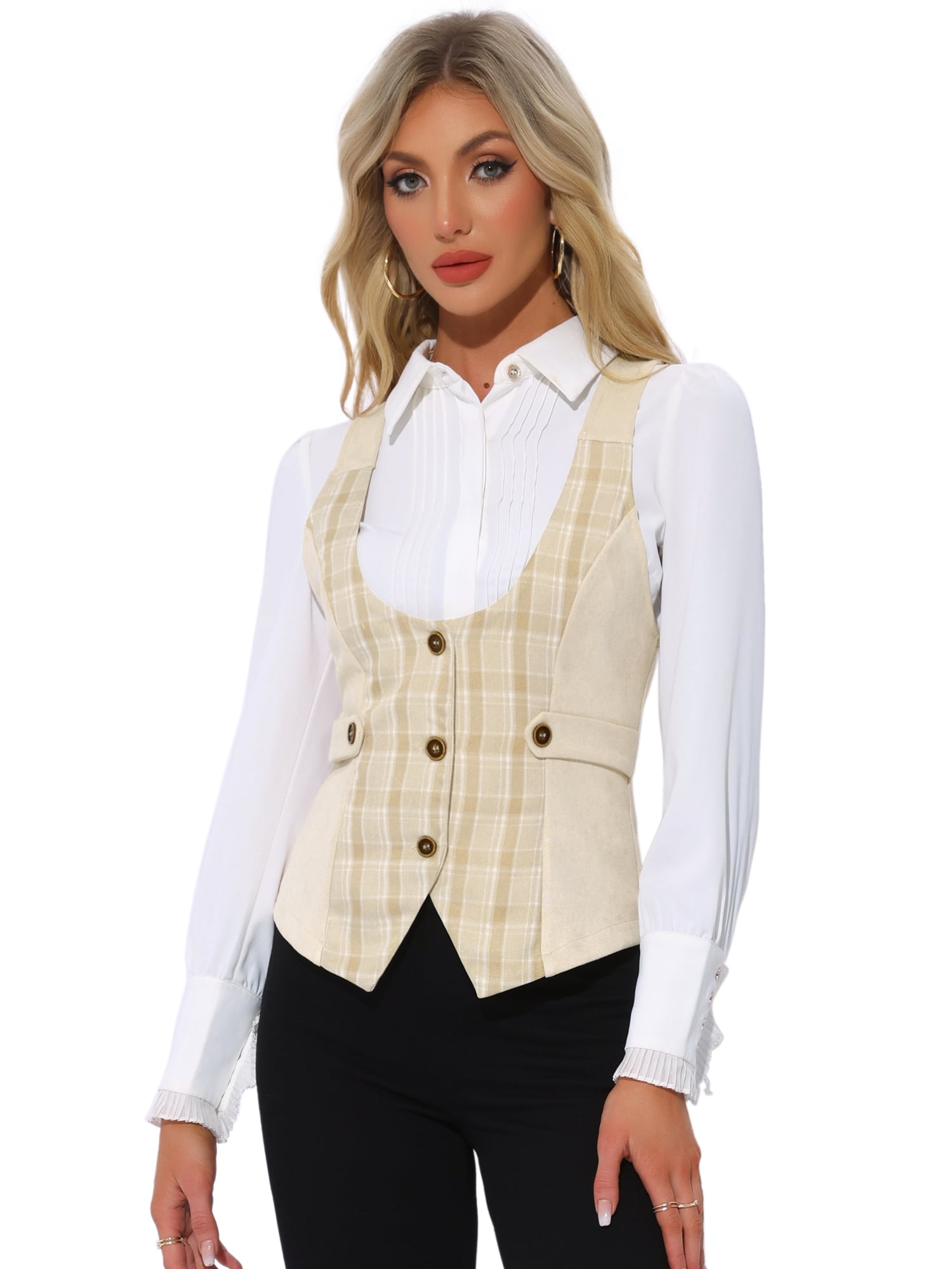 DARING DIVA Women's Plaid Button Down Sleeveless Waistcoat Vest L Khaki