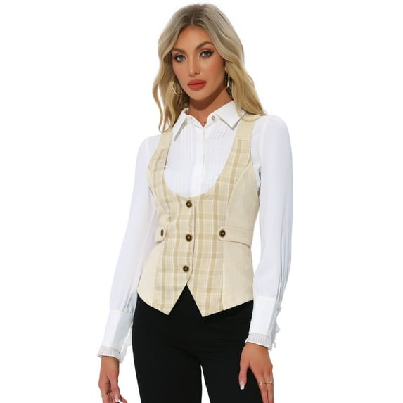 DARING DIVA Women's Plaid Button Down Sleeveless Waistcoat Vest XL Khaki