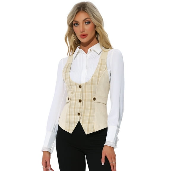 DARING DIVA Women's Plaid Button Down Sleeveless Waistcoat Vest XS Khaki