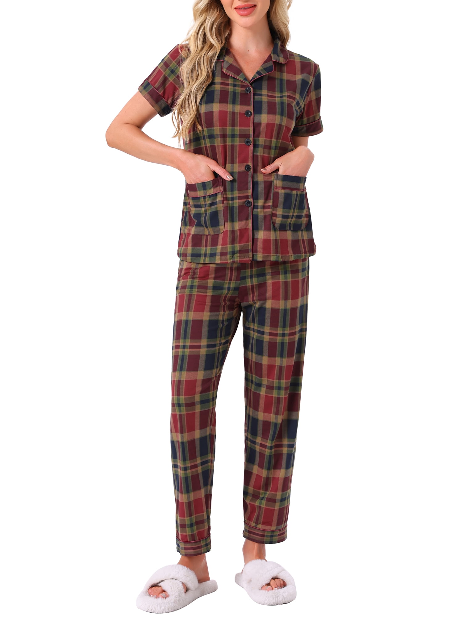 DARING DIVA Women's Plaid Christmas Pajama Sets with Pockets and Pant XL Short Slevee Red