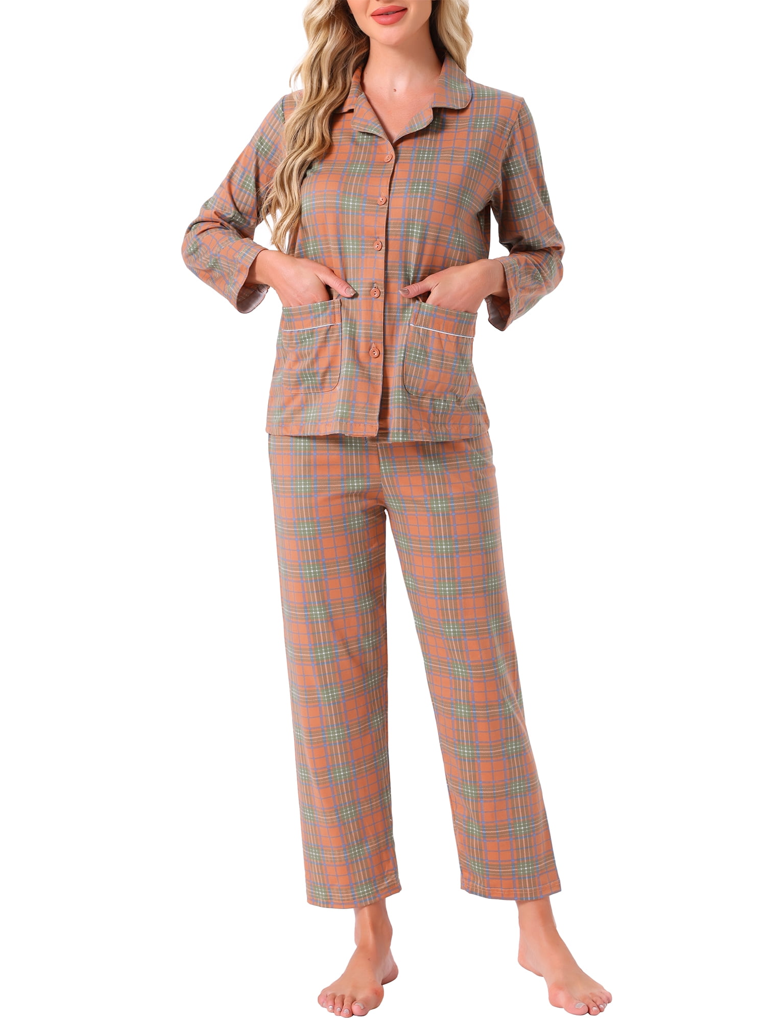 DARING DIVA Women's Plaid Christmas Pajama Sets with Pockets and Pant XS Long Slevee Brown