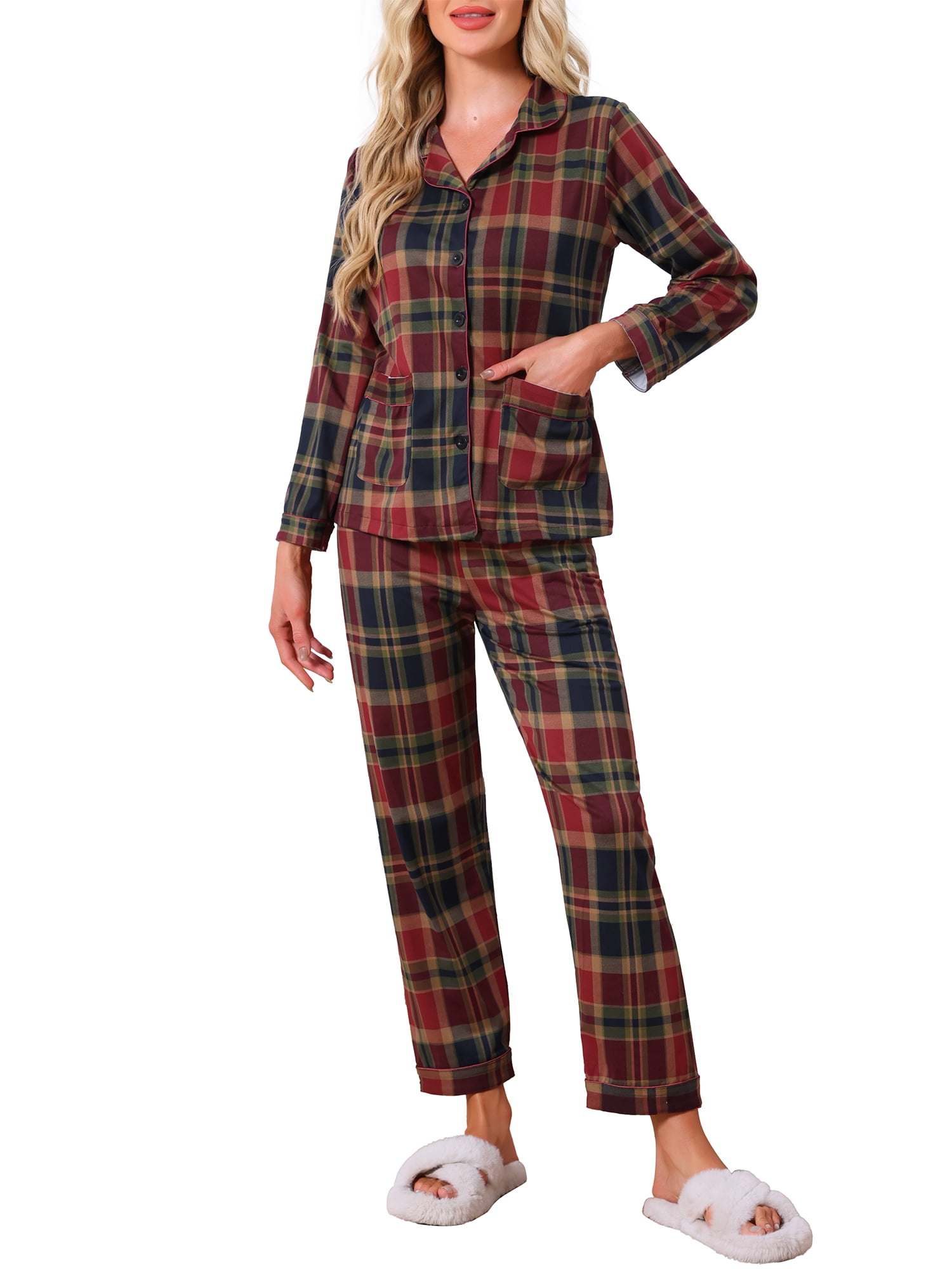 DARING DIVA Women's Plaid Christmas Pajama Sets with Pockets and Pants L Long Slevee Red