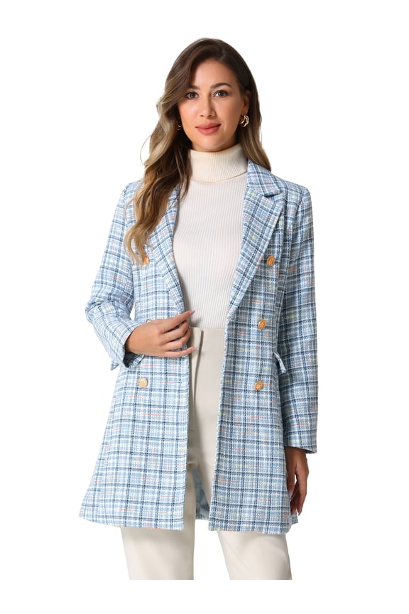 Women's Plaid Double Breasted Tweed Blazer Outerwear Coat Blue S
