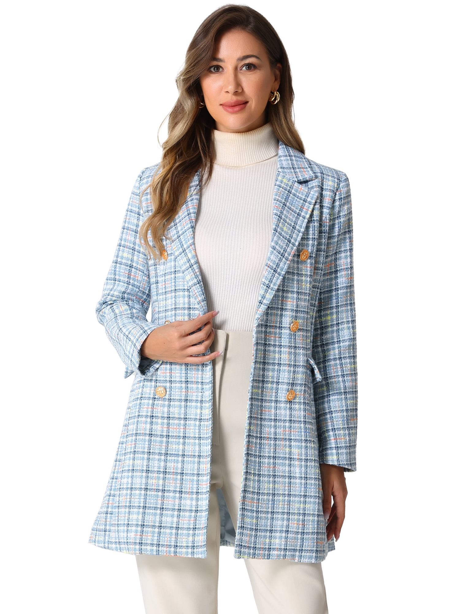 DARING DIVA Women's Plaid Double Breasted Tweed Blazer Outerwear Coat Blue XS