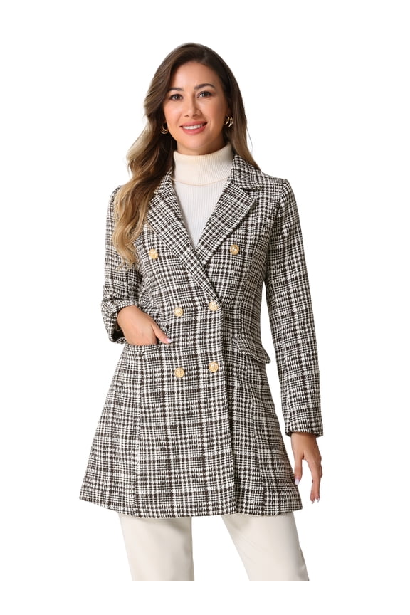 DARING DIVA Women's Plaid Double Breasted Tweed Blazer Outerwear Coat Brown XL