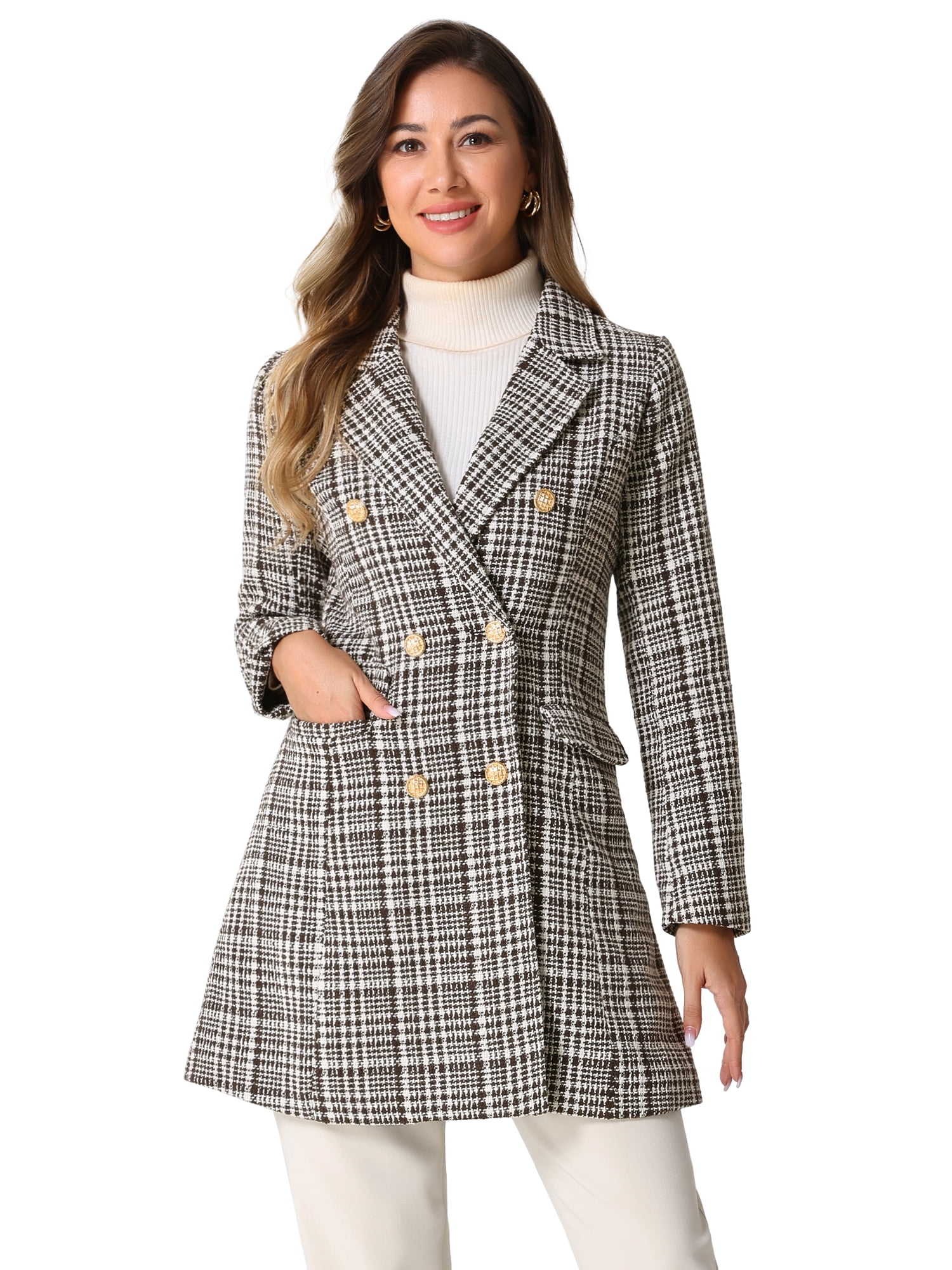 DARING DIVA Women's Plaid Double Breasted Tweed Blazer Outerwear Coat Brown XS