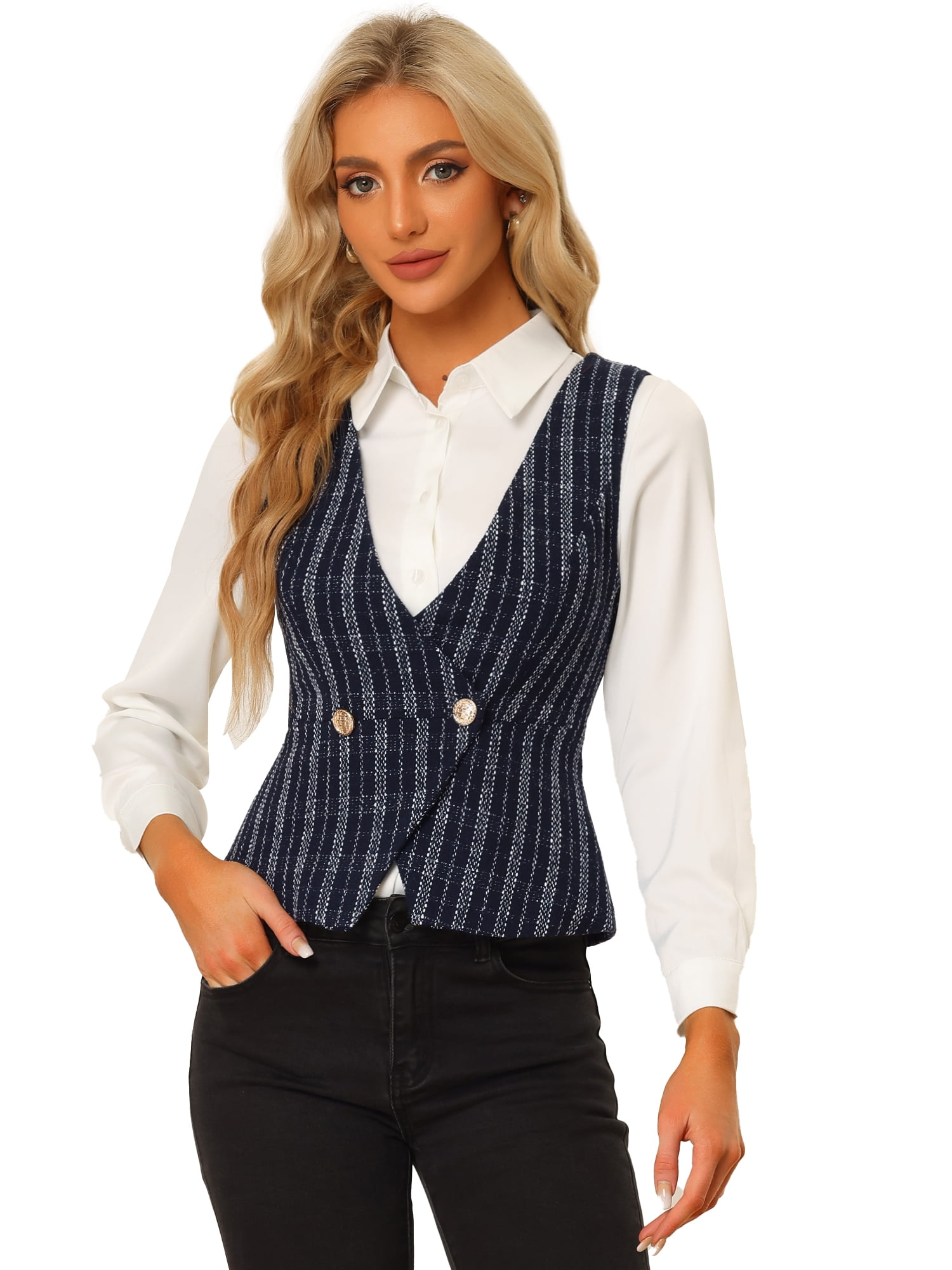DARING DIVA Women's Plaid Double Breasted Tweed Vest Waistcoat L Dark Blue