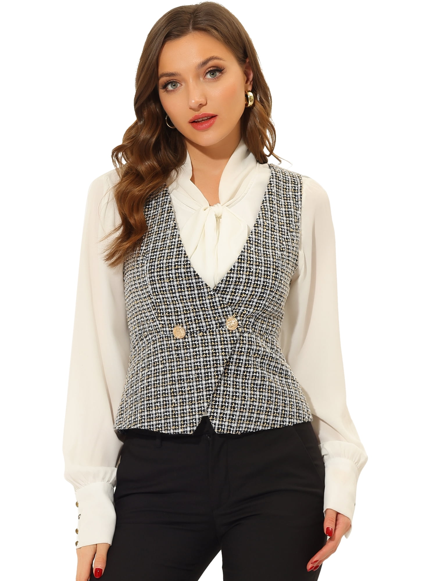 DARING DIVA Women's Plaid Double Breasted Tweed Vest Waistcoat XS Black