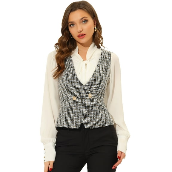 DARING DIVA Women's Plaid Double Breasted Tweed Vest Waistcoat XS Black
