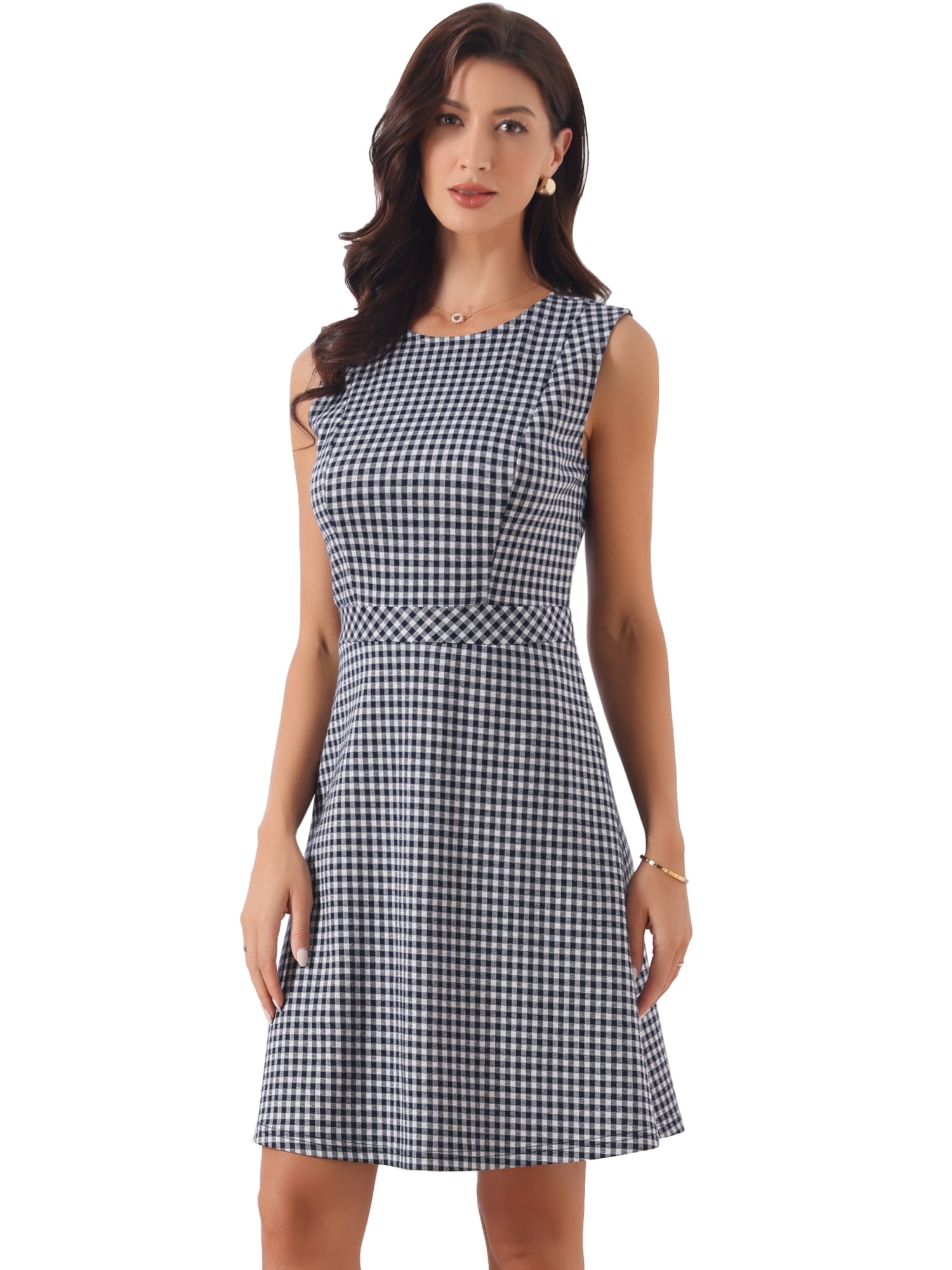 DARING DIVA Women's Plaid Dress Sleeveless A Line Houndstooth Work Dress S Dark Royal Blue