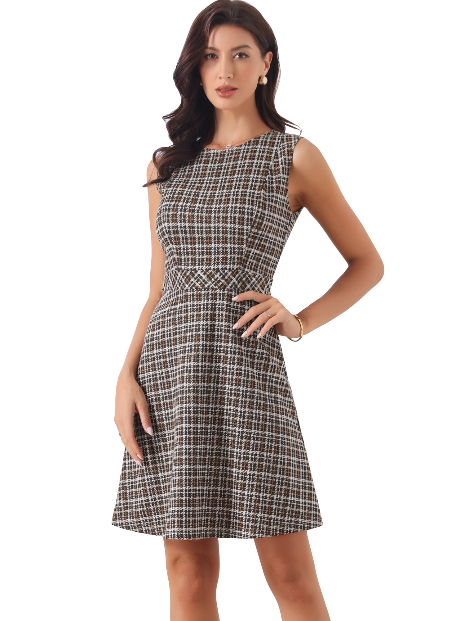 DARING DIVA Women's Plaid Dress Sleeveless A Line Houndstooth Work Dress XL Coffee