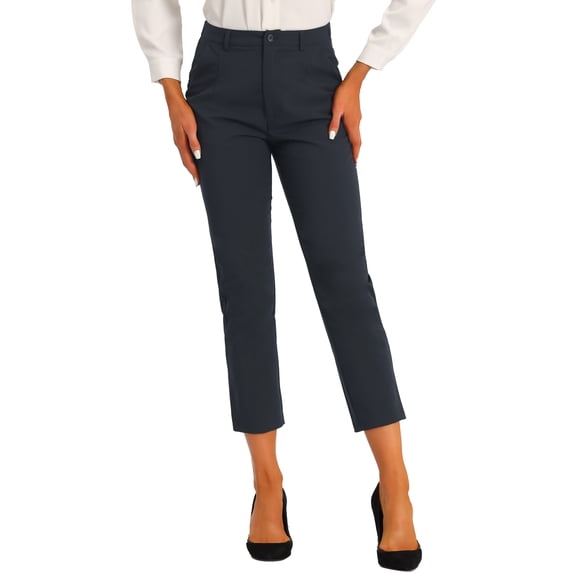 DARING DIVA Women's Plaid Elastic Back Straight Leg Ankle Pants L Dark Blue Solid