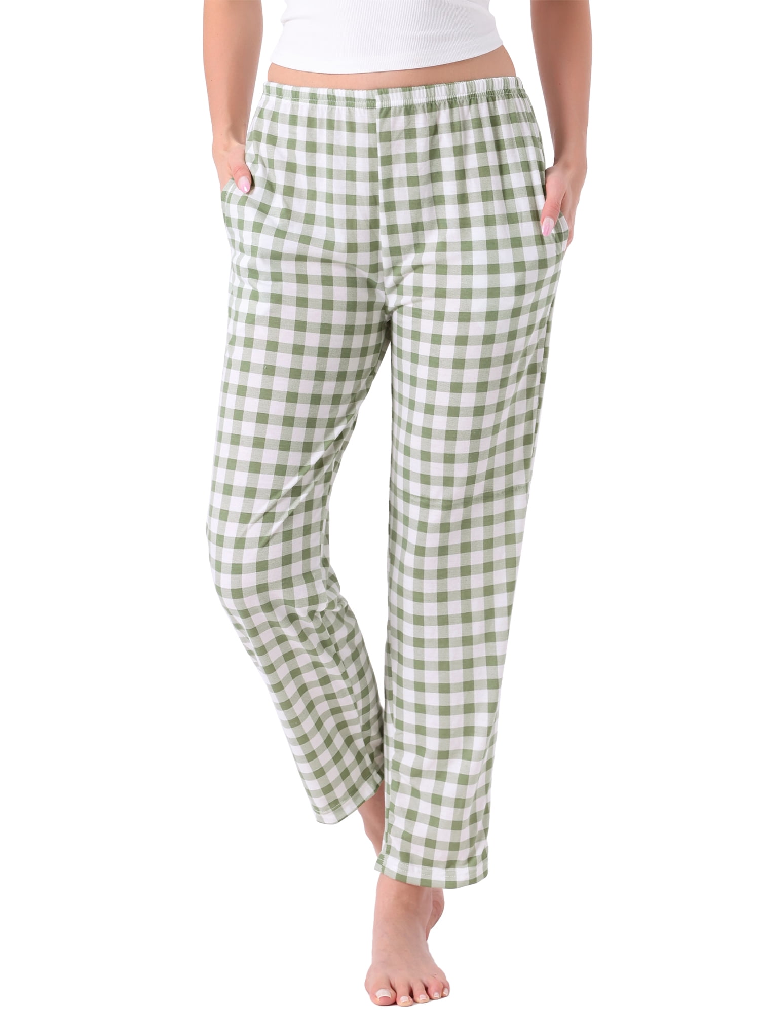 DARING DIVA Women's Plaid Elastic Waist with Pockets Long Lounge Bottoms L Green Plaid