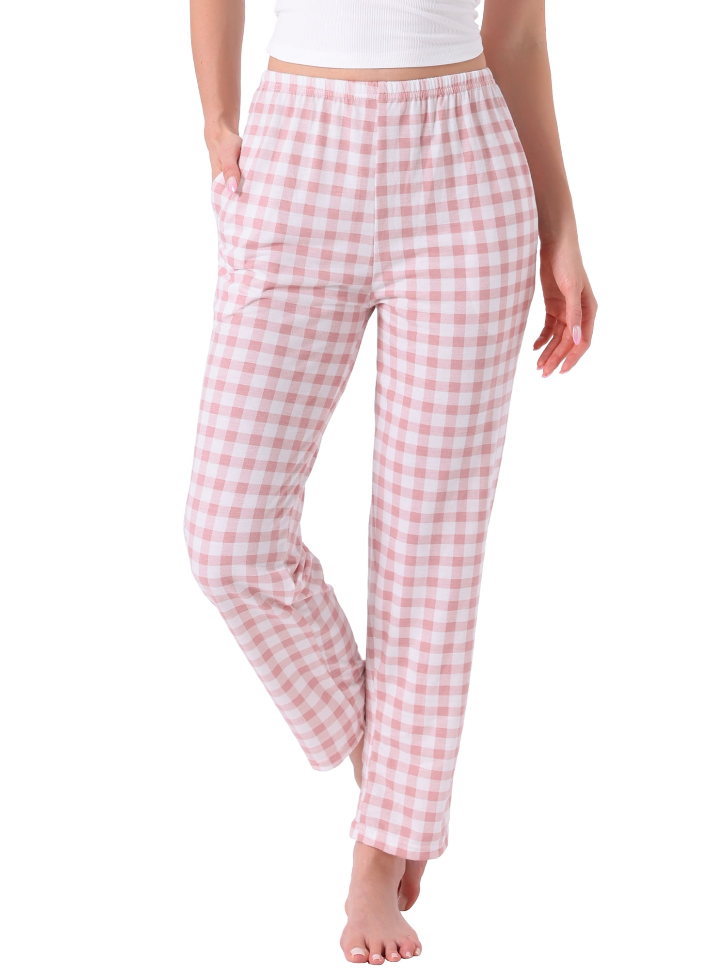 DARING DIVA Women's Plaid Elastic Waist with Pockets Long Lounge Bottoms L Pink Plaid