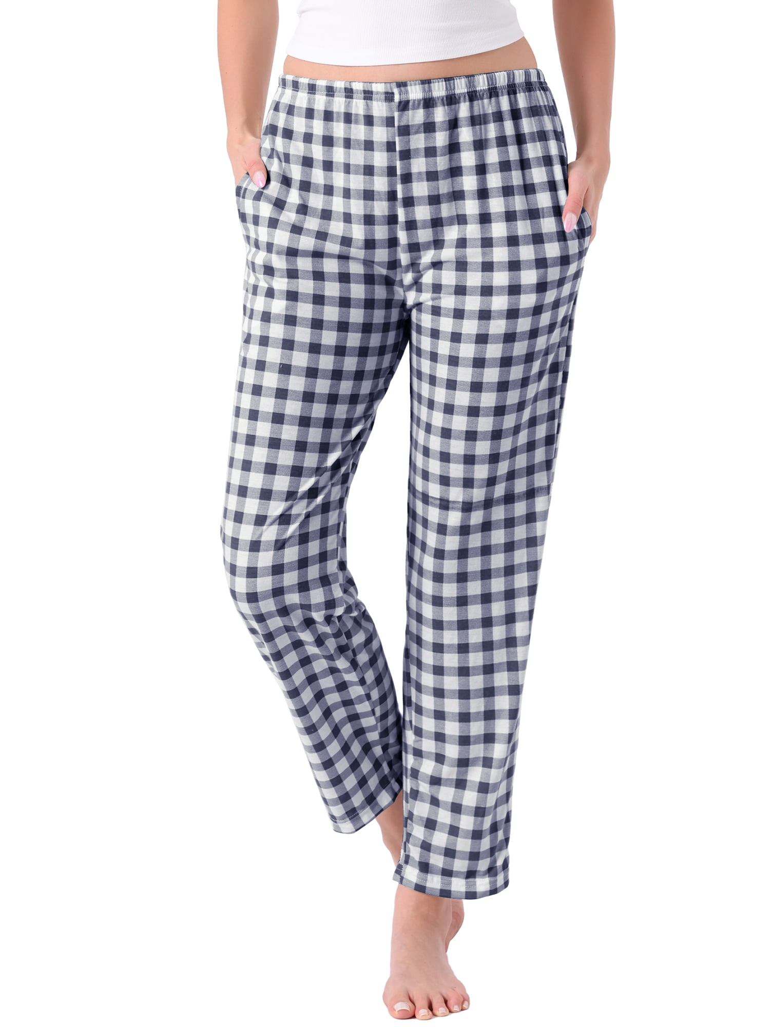 DARING DIVA Women's Plaid Elastic Waist with Pockets Long Lounge Bottoms S Blue Plaid