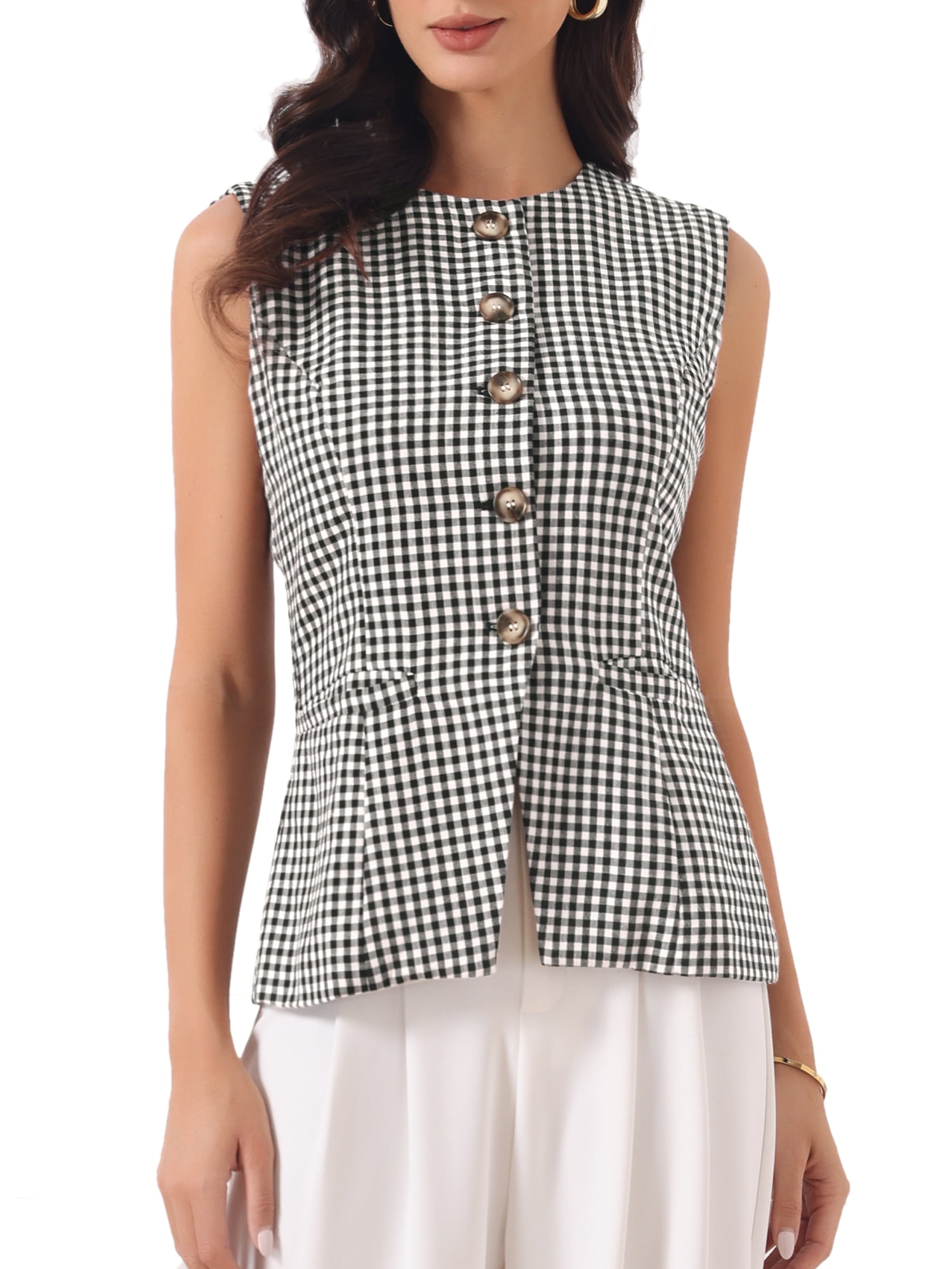 DARING DIVA Women's Plaid Gingham Button Down Sleeveless Crew Neck Vest L Black