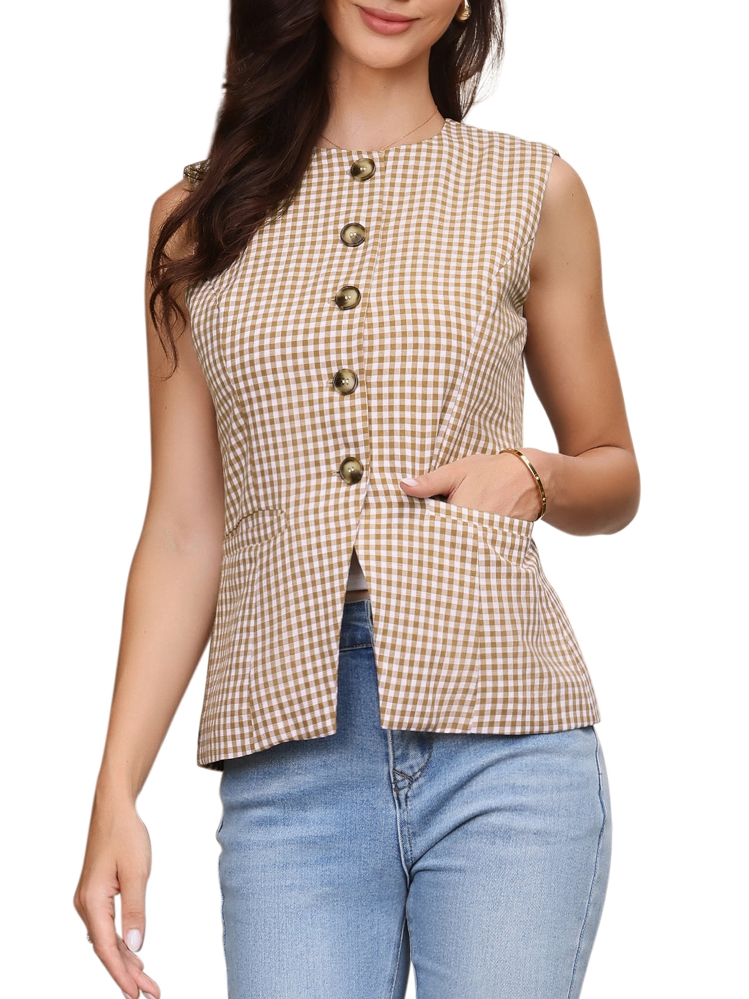 DARING DIVA Women's Plaid Gingham Button Down Sleeveless Crew Neck Vest L Khaki