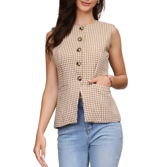 DARING DIVA Women's Plaid Gingham Button Down Sleeveless Crew Neck Vest L Khaki