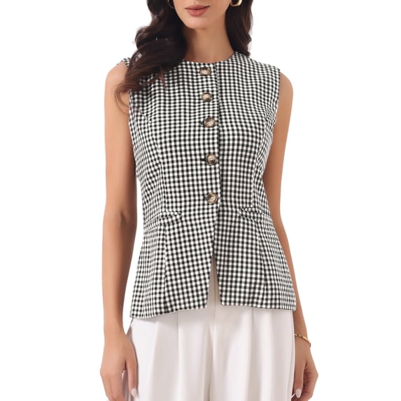 DARING DIVA Women's Plaid Gingham Button Down Sleeveless Crew Neck Vest XS Black