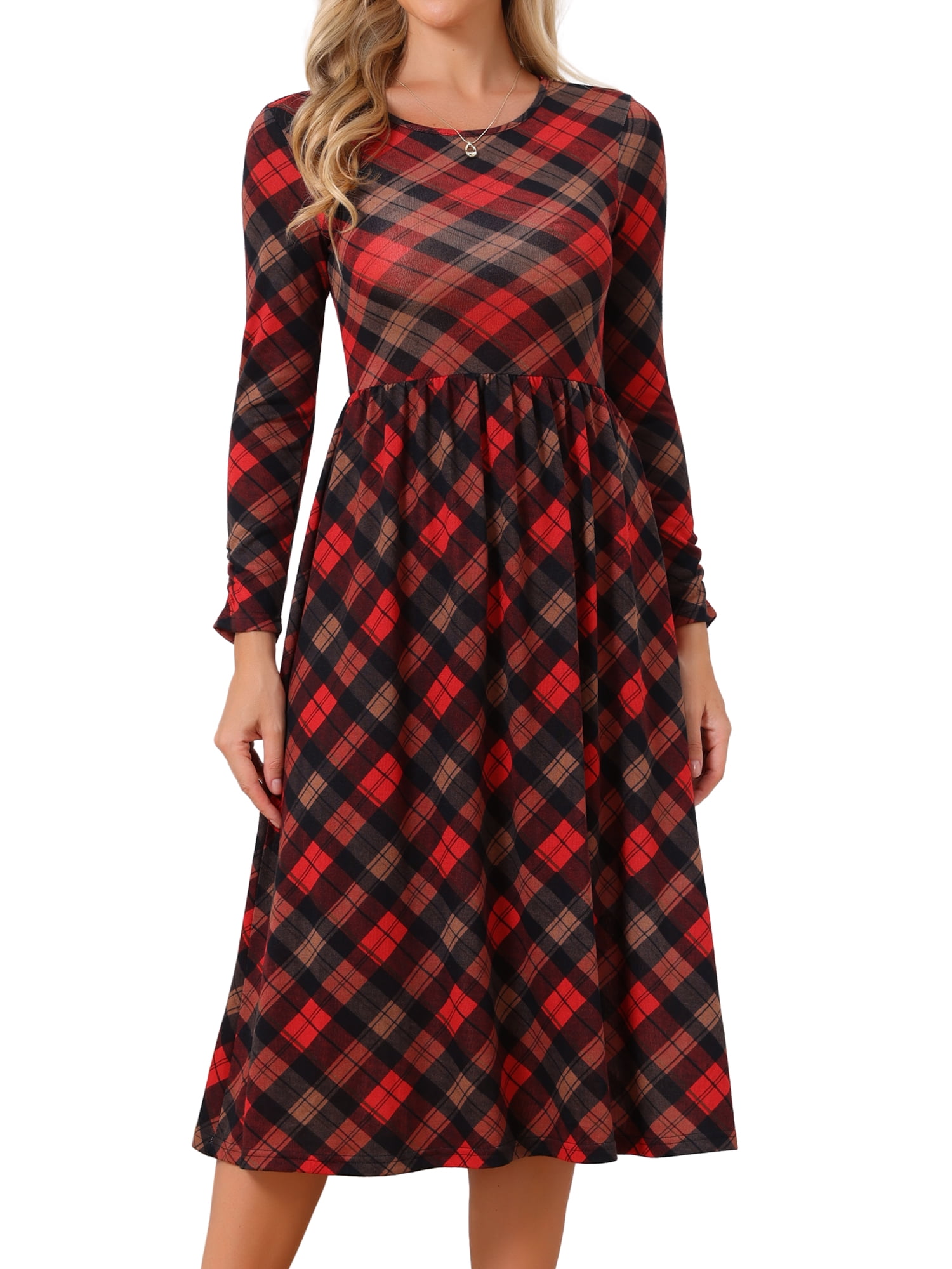 DARING DIVA Women's Plaid Long Sleeve Crew Neck A Line Midi Dress L Red