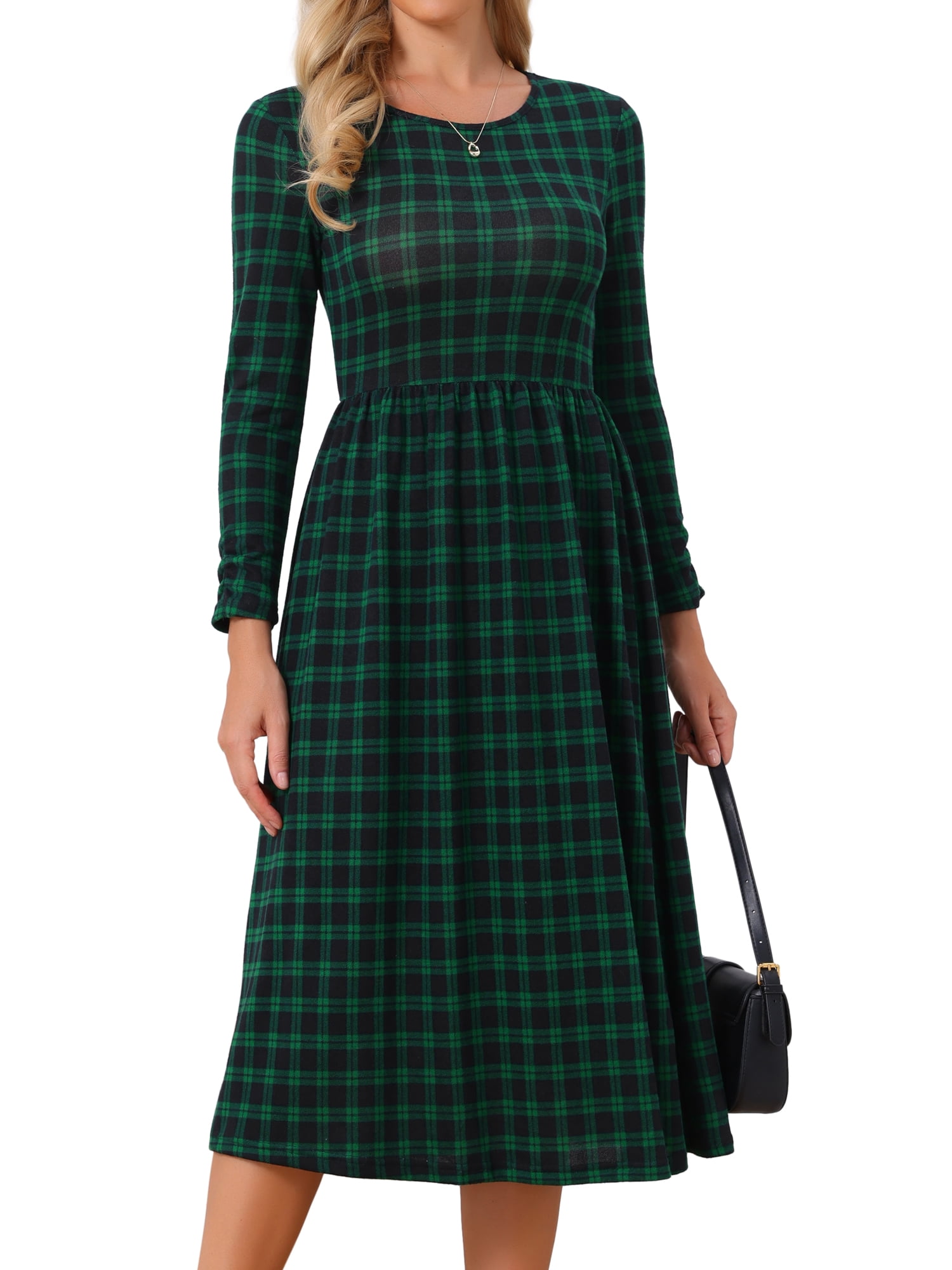 DARING DIVA Women's Plaid Long Sleeve Crew Neck A Line Midi Dress XL Green