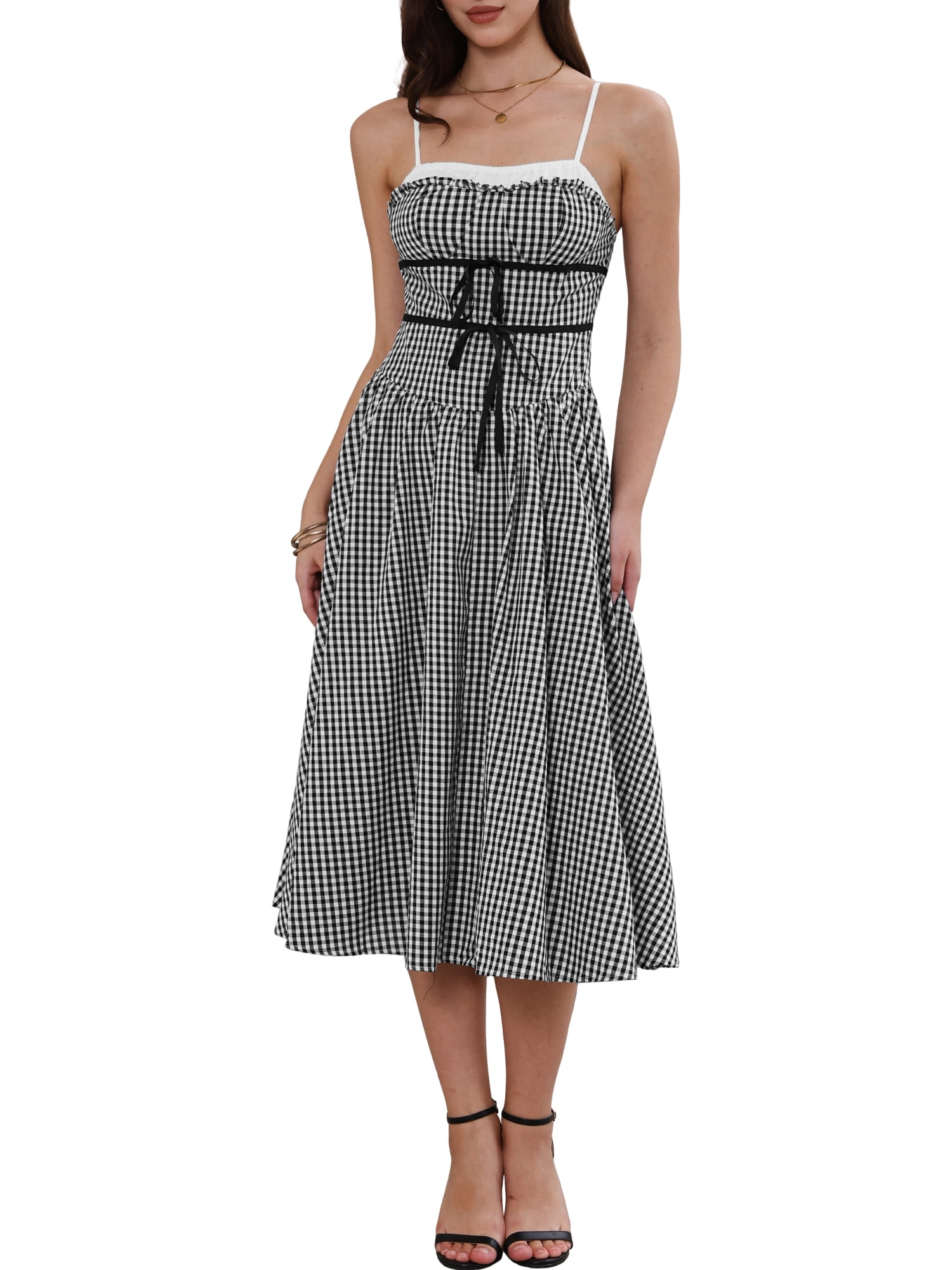 DARING DIVA Women's Plaid Midi Spaghetti Strap Flowy Dresses S Black