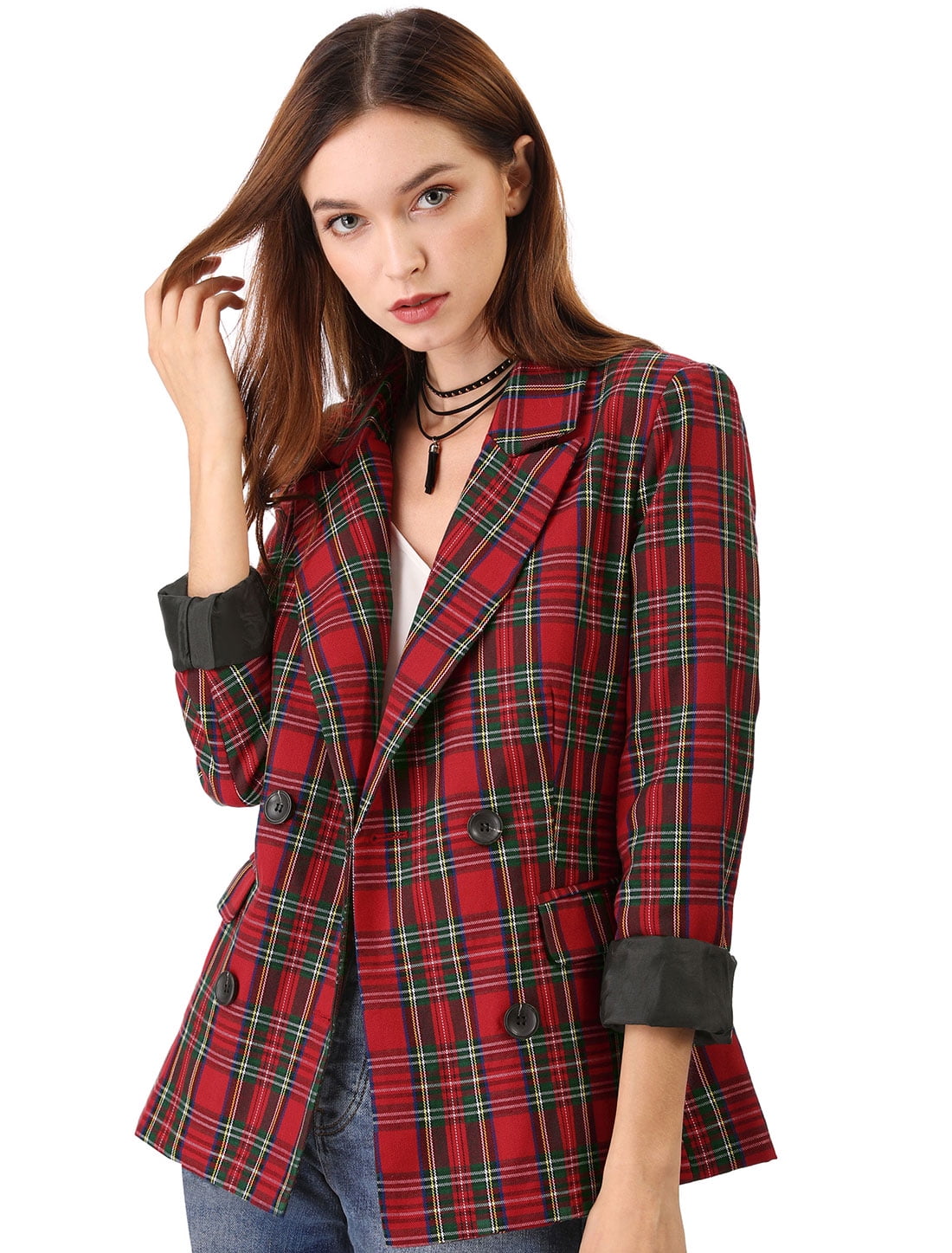 DARING DIVA Women's Plaid Notched Lapel Blazer Jacket 2XL Red Green