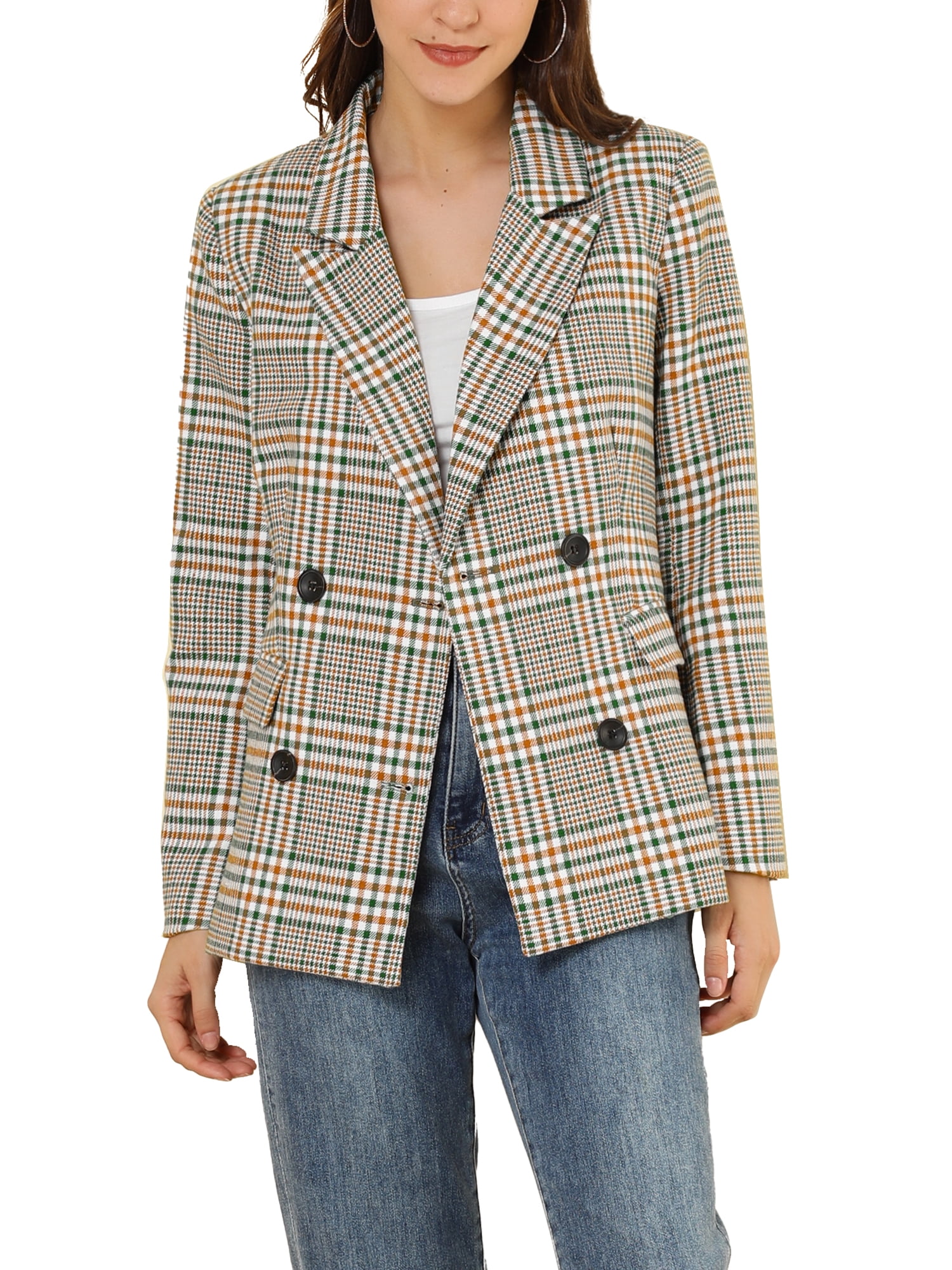 DARING DIVA Women's Plaid Notched Lapel Blazer Jacket L White Green