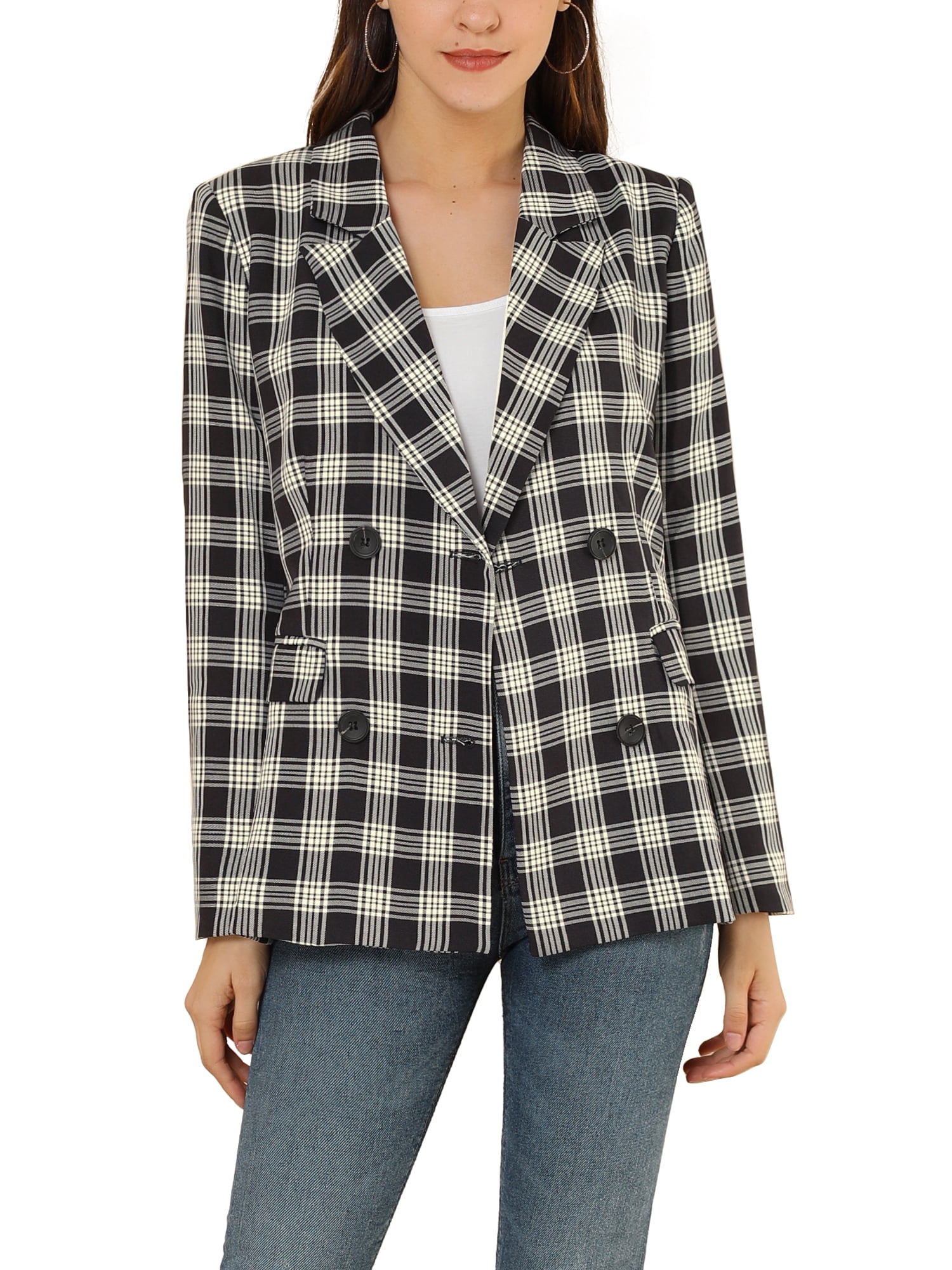 DARING DIVA Women's Plaid Notched Lapel Blazer Jacket M Black