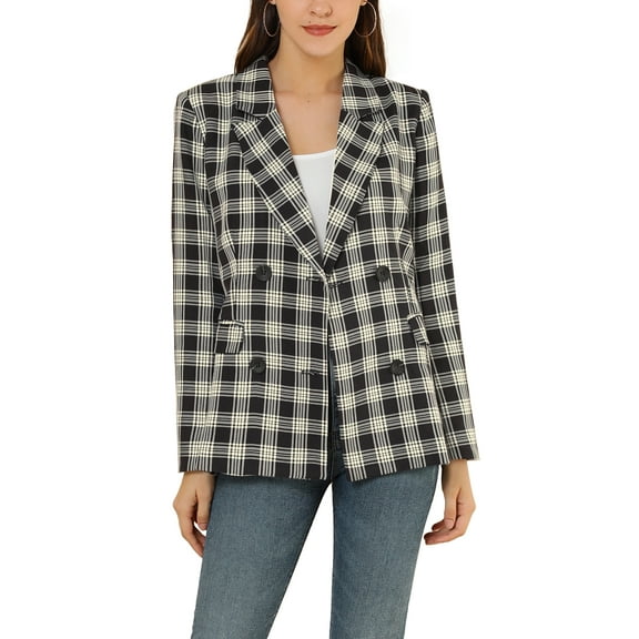 DARING DIVA Women's Plaid Notched Lapel Blazer Jacket M Black