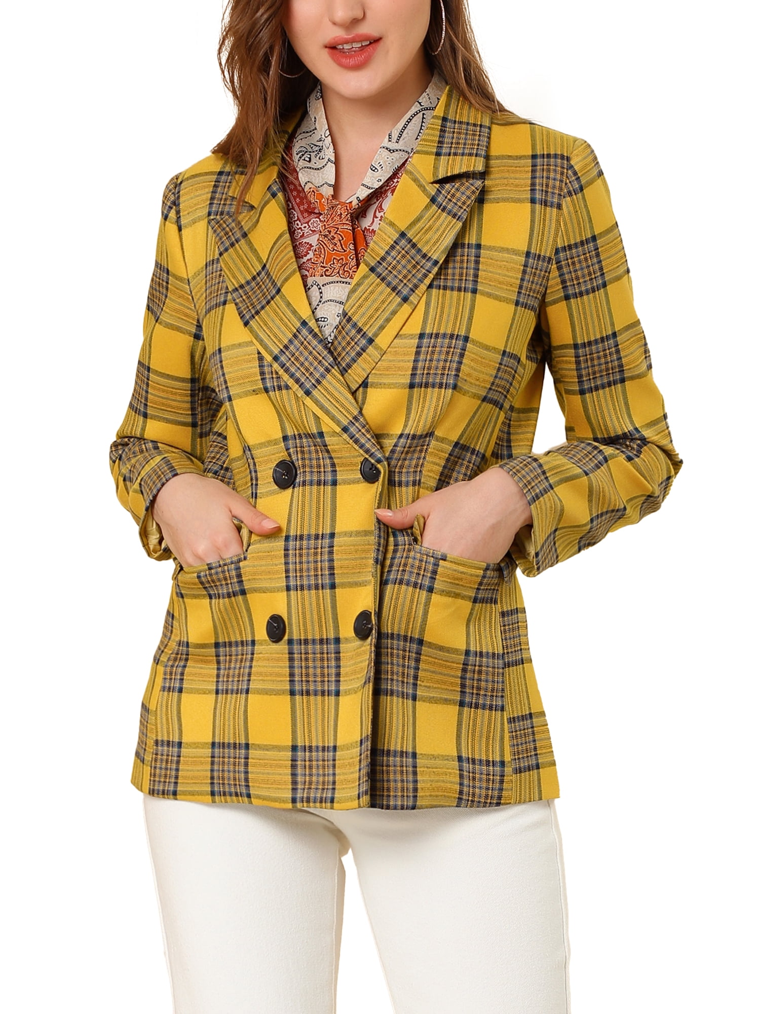 DARING DIVA Women's Plaid Notched Lapel Blazer Jacket M Yellow