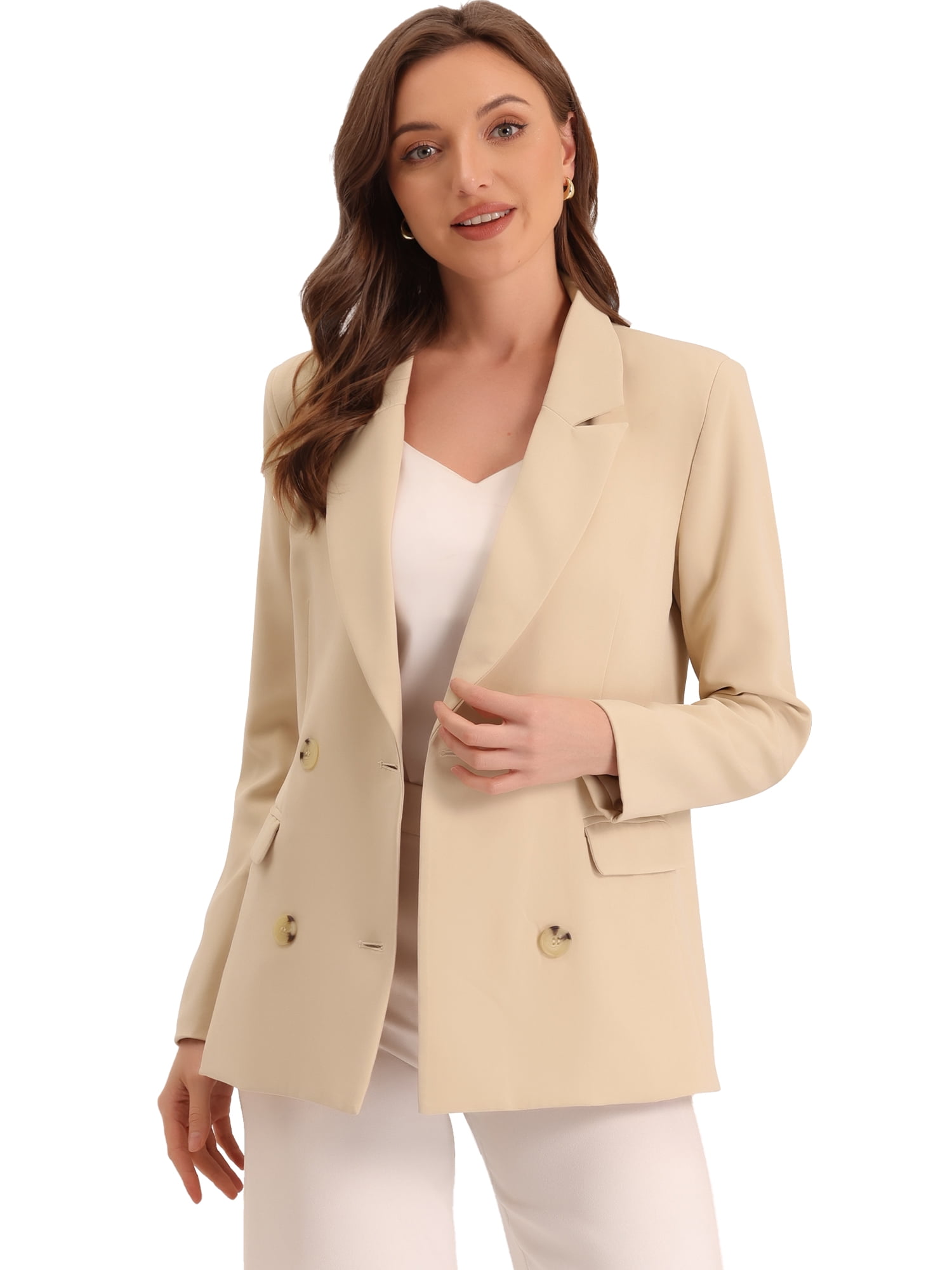 DARING DIVA Women's Plaid Notched Lapel Blazer Jacket S Apricot-Solid