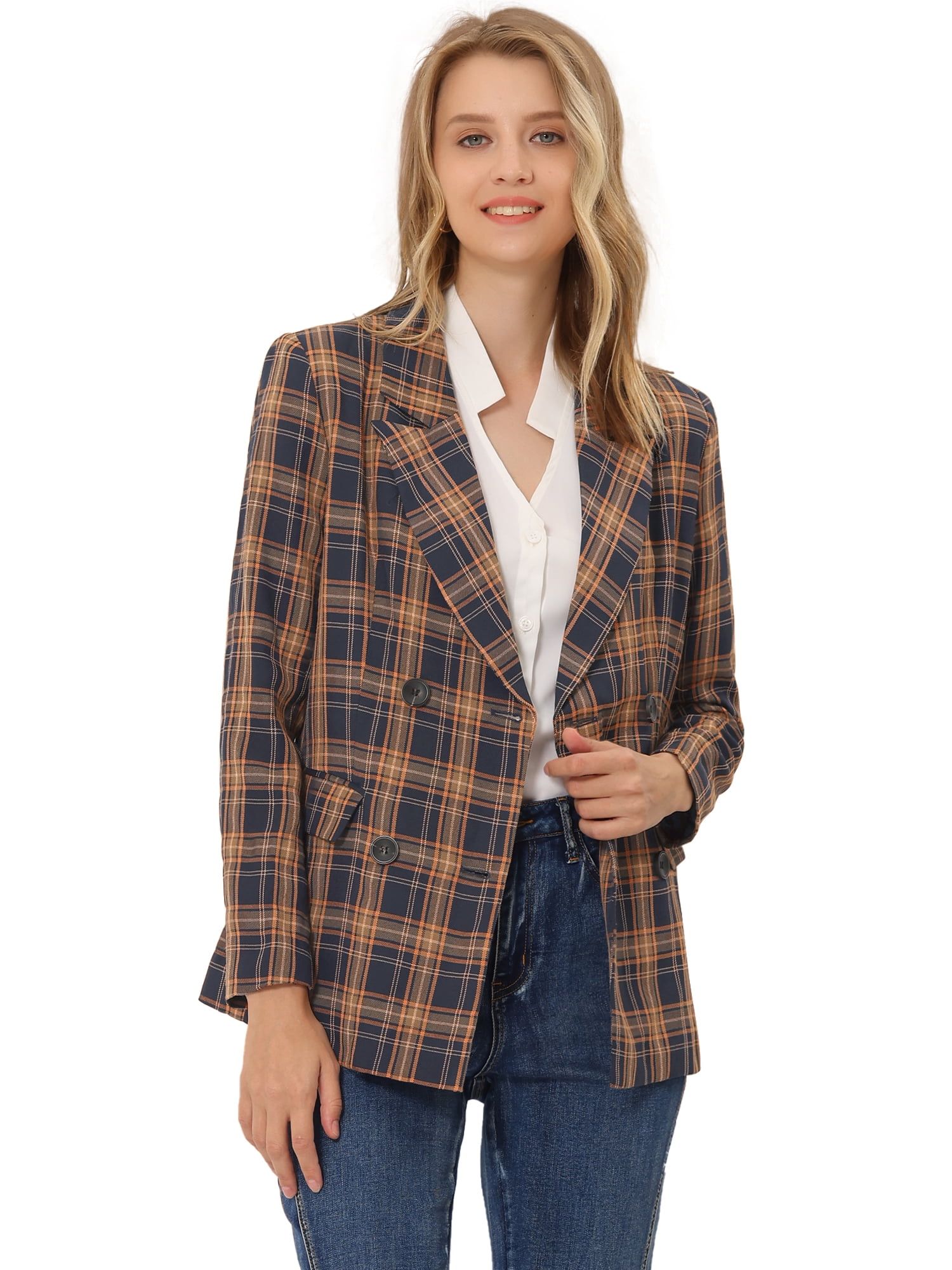 DARING DIVA Women's Plaid Notched Lapel Blazer Jacket XS Blue Orange