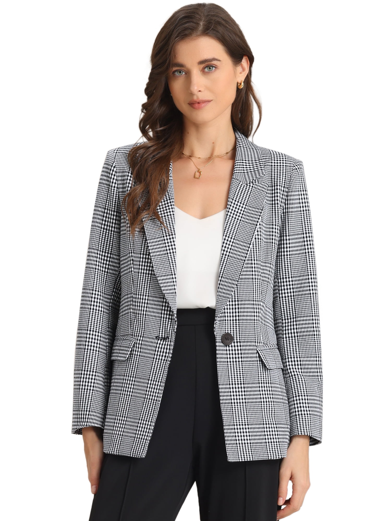 DARING DIVA Women's Plaid Notched Lapel Blazer S Black White Pattern 2